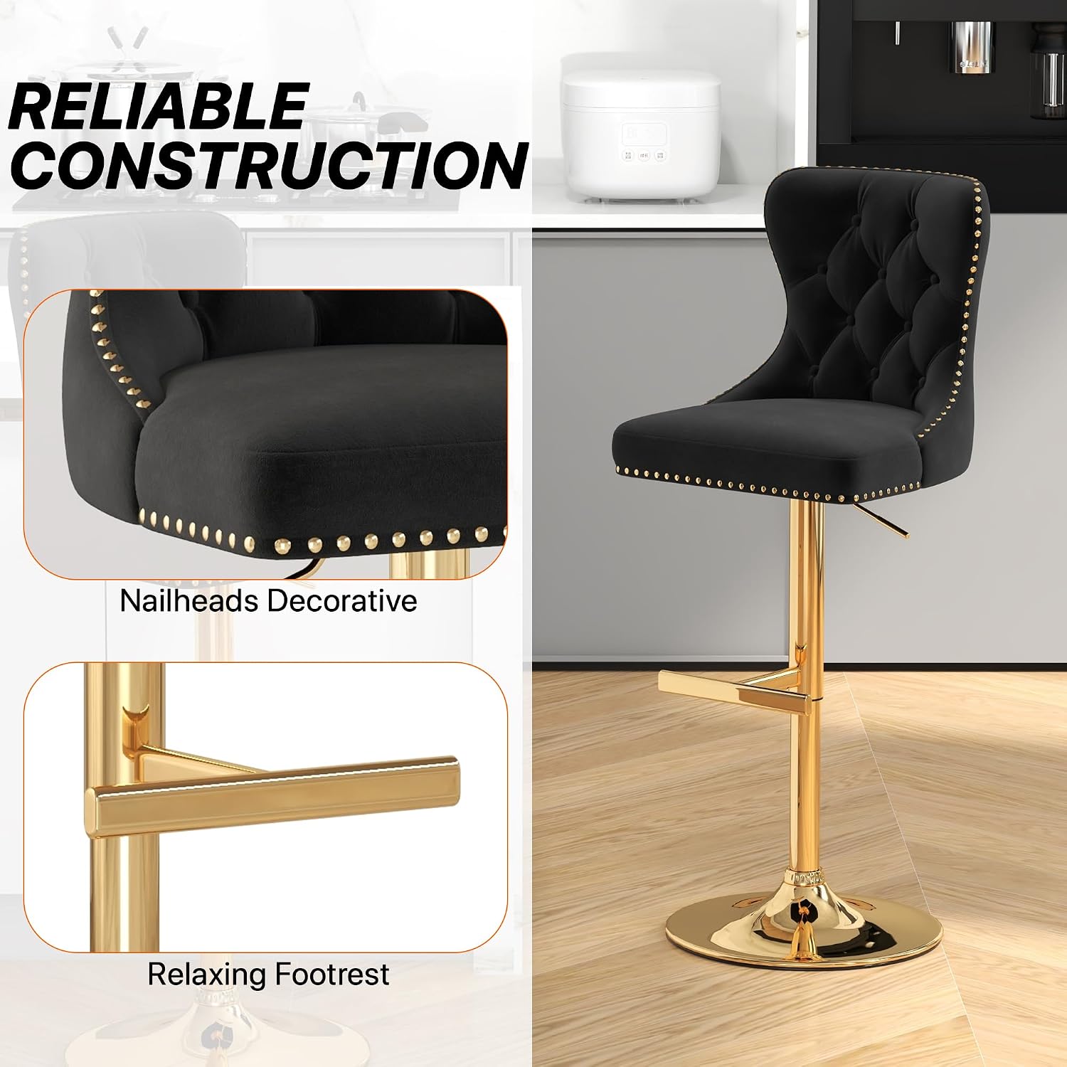 Bar Stools Set of 2, Velvet Swivel Counter Height Stools with Tufted Back, Adjustable Seat with Nailheads Trim, Upholstered Bar Chairs with Gold Base for Kitchen Island, Pub, Black