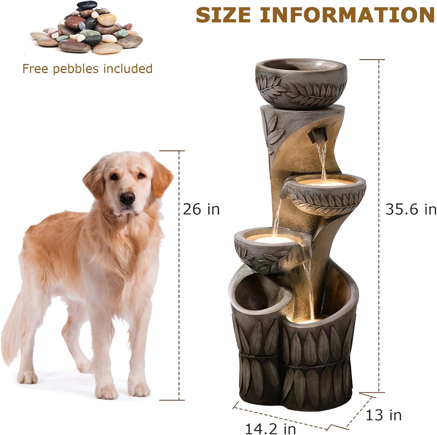 4 Tiered Water Fountain Outdoor, 35.6' Tall Cascading Bowl Leaf Carved Outdoor Waterfall Fountains Modern Water Feature with Dual Planters for Garden, Patio,Deck, Yard, Indoor Decor