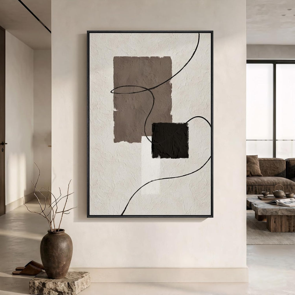 Extra Large Framed Neutral Abstract Wall Art, Vertical Modern Canvas Prints Paintings Artwork for Walls, Minimalist Beige Brown Block Pictures for Living Room Bedroom Entryway Wall Decor 40x60 In
