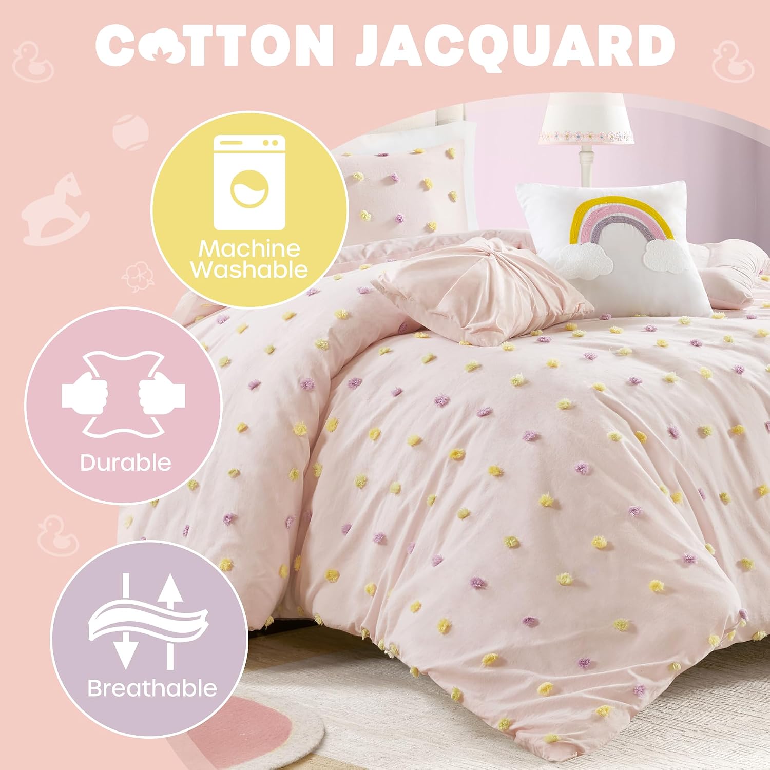 Intelligent Design Callie Girls Full/Queen Comforter Set, Pink 5-Piece Kids Bedding, 100% Cotton Tufted Pom Pom Tufted Jacquard, All Season Down Alternative, Cozy Shabby Chic Bedroom Décor