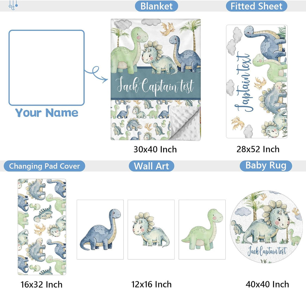 KAINSY Custom Crib Bedding Set 5 Piece for Baby Boys – Personalized Green Dinosaur Theme, Newborn Sleep Set, Nursery Decor, Toddler Room Essentials, Infant Sleep, Baby Room Accessories, Baby Gift
