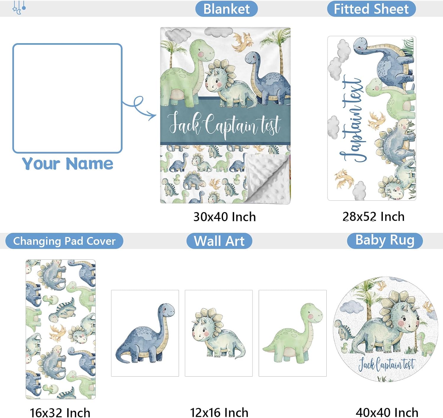 KAINSY Custom Crib Bedding Set 5 Piece for Baby Boys – Personalized Green Dinosaur Theme, Newborn Sleep Set, Nursery Decor, Toddler Room Essentials, Infant Sleep, Baby Room Accessories, Baby Gift