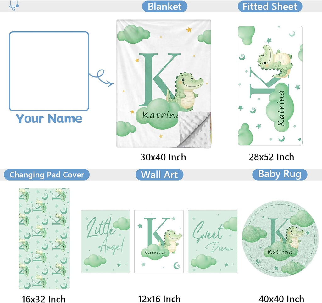 KAINSY Custom Crib Bedding Set, 5 Pcs Personalized Name Monogram Baby Crib Sets for Infants Toddlers, Green Alligator Nursery Bedding Set for Boys Girls, Soft Baby Bedding Sets Customized Gifts