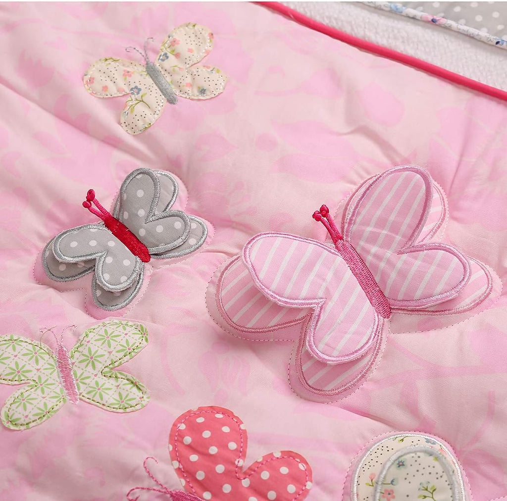 5 PCs Cotton Pink Embroidery Butterfly Nursery Crib Bedding Set Heavy Duty Cotton Butterfly Themed Baby Girl Cot Bedding Set Quilt /Fitted Sheet x 2/ Diaper Storage Bag /Window Valance , 28 X 52