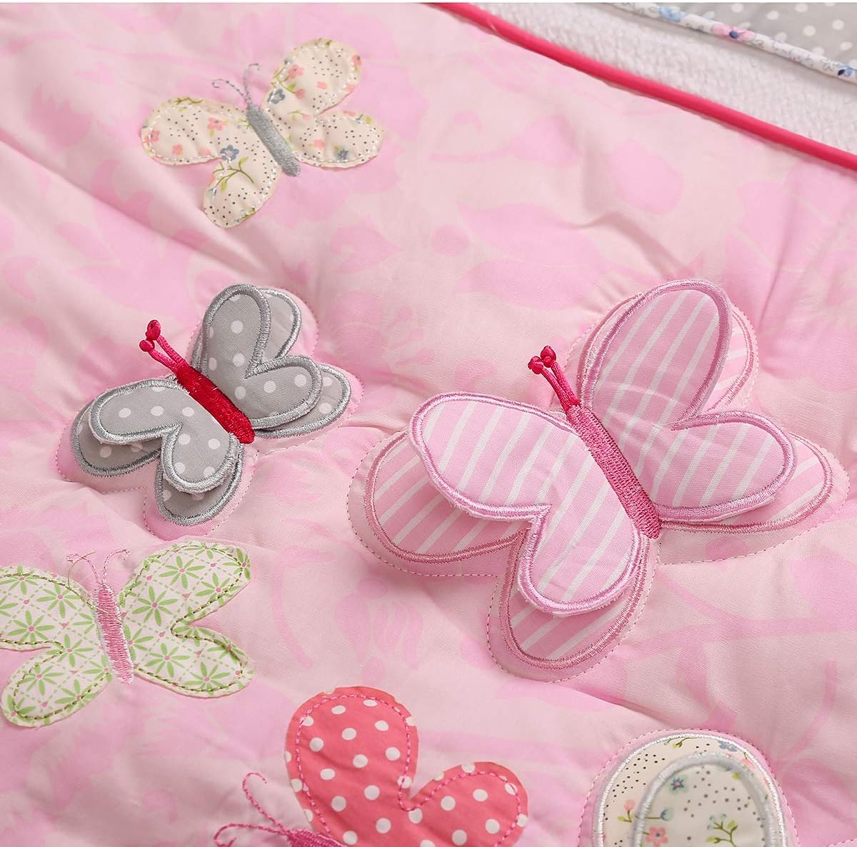5 PCs Cotton Pink Embroidery Butterfly Nursery Crib Bedding Set Heavy Duty Cotton Butterfly Themed Baby Girl Cot Bedding Set Quilt /Fitted Sheet x 2/ Diaper Storage Bag /Window Valance , 28 X 52