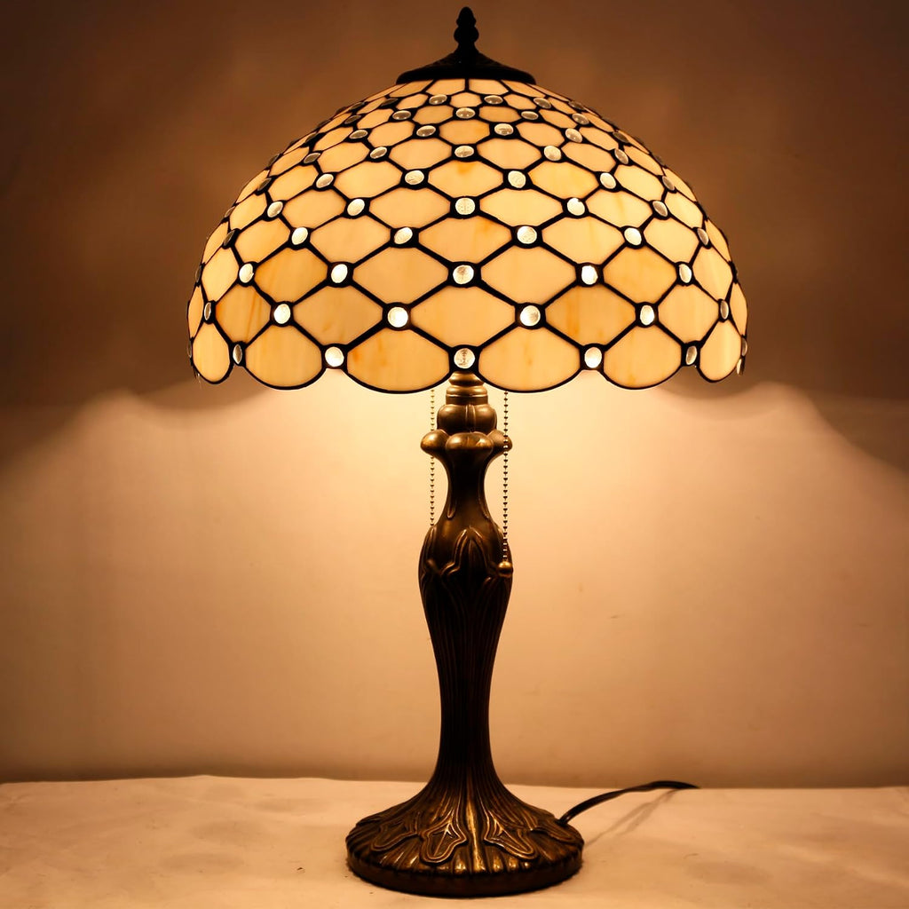 WERFACTORY Tiffany Table Lamp Stained Glass Bedside Lamp 16X16X24 Inches Cream Pearl Bead Desk Reading Light Metal Base Decor Bedroom Living Room Home Office S005 Series