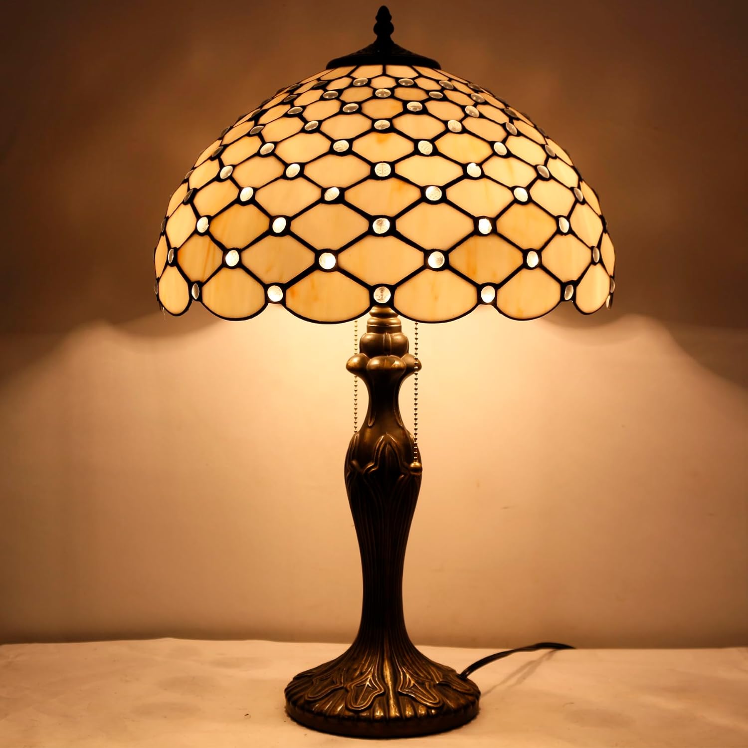WERFACTORY Tiffany Table Lamp Stained Glass Bedside Lamp 16X16X24 Inches Cream Pearl Bead Desk Reading Light Metal Base Decor Bedroom Living Room Home Office S005 Series