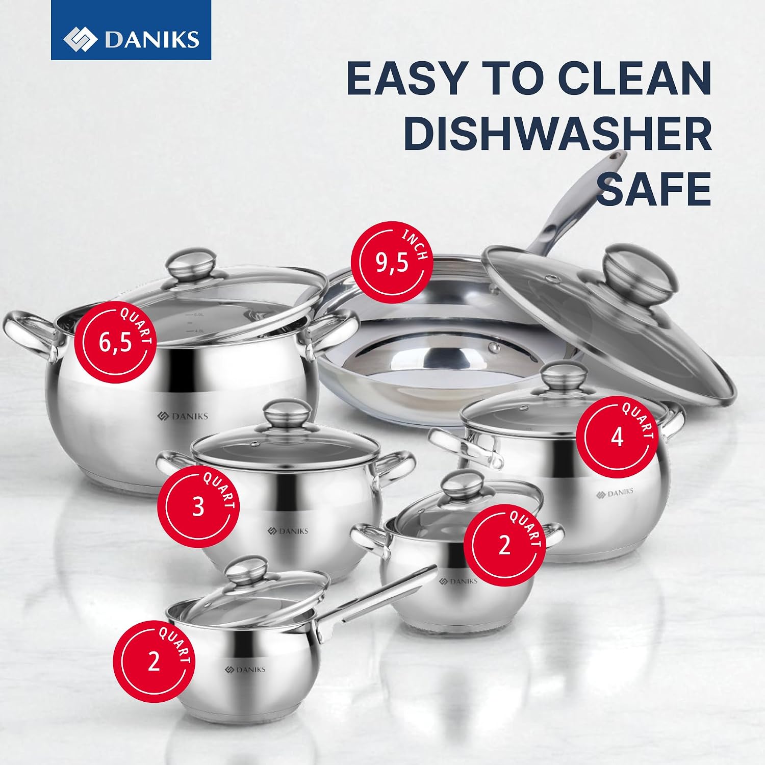 Daniks Classic 12-Piece Stainless Steel Cookware Set with Glass Lids, Includes Saucepan and Frying Pan with Lid, Tri-Ply Bases for Even Heating, Induction Compatible, Dishwasher Safe