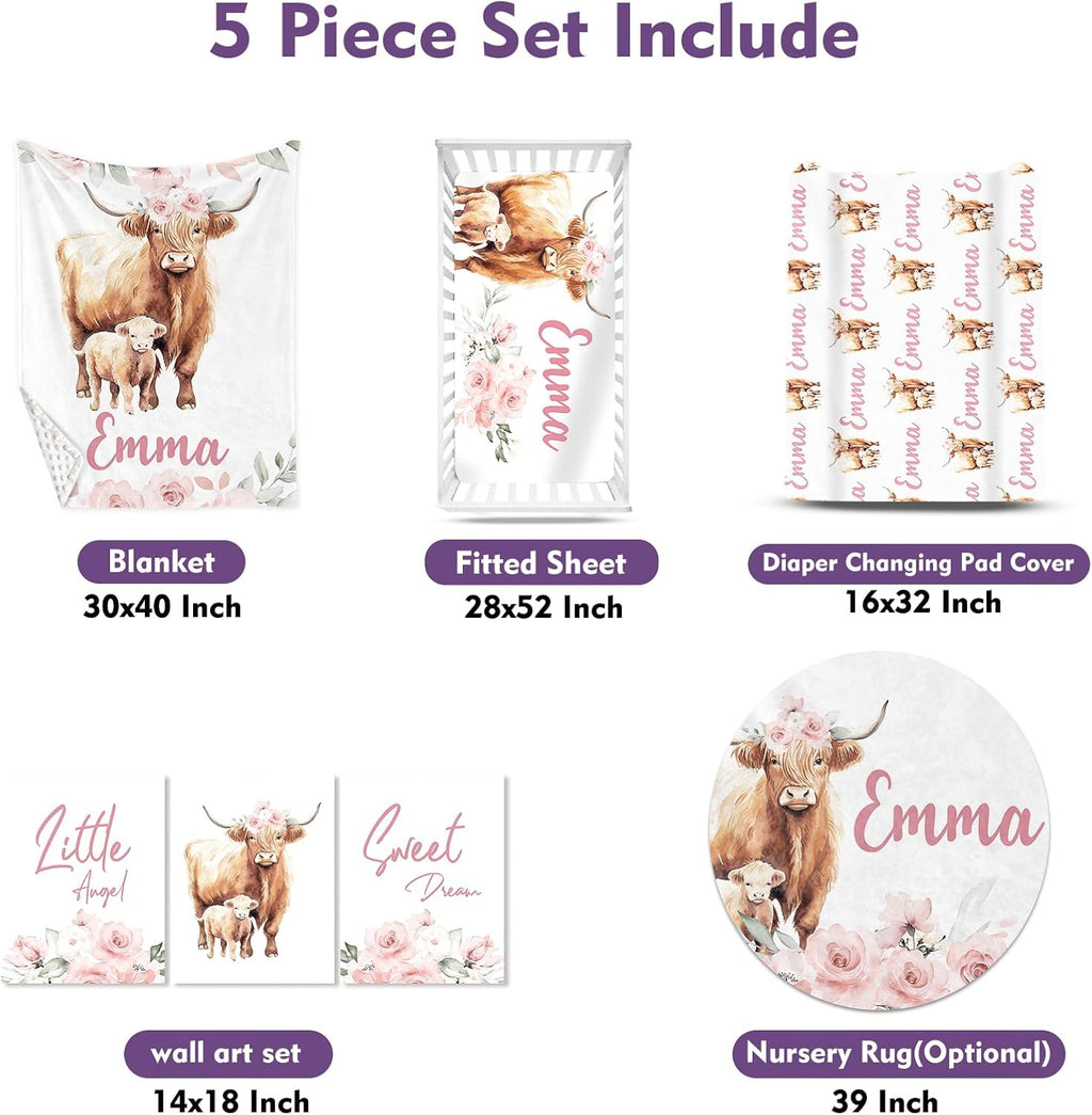 Personalized Baby Crib Bedding Set for Baby Girls, Pink Highland Cow Pattern Custom Name Baby Crib Sets 5-Pcs, Toddler Double Layer Blanket Fitted Sheets Changing Pad Cover Rug Wall Art Set