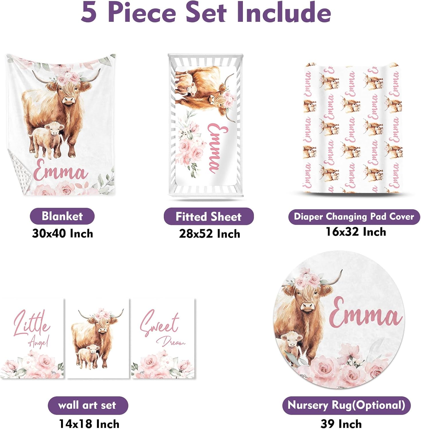 Personalized Baby Crib Bedding Set for Baby Girls, Pink Highland Cow Pattern Custom Name Baby Crib Sets 5-Pcs, Toddler Double Layer Blanket Fitted Sheets Changing Pad Cover Rug Wall Art Set