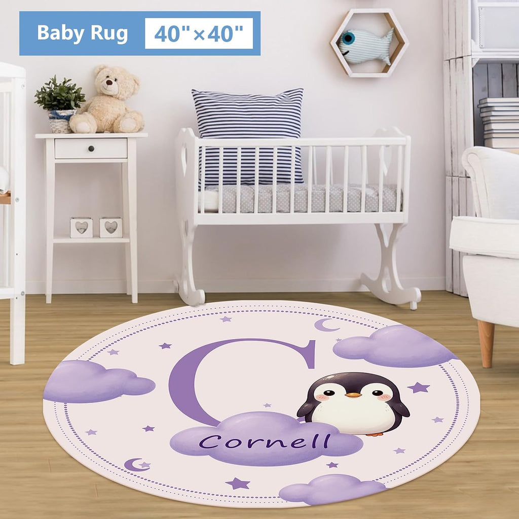 KAINSY Custom Crib Bedding Set, 5 Pcs Personalized Name Monogram Baby Crib Sets for Infants Toddlers, Purple Penguin Nursery Bedding Set for Boys Girls, Double Layer Baby Bedding Sets Customized Gifts