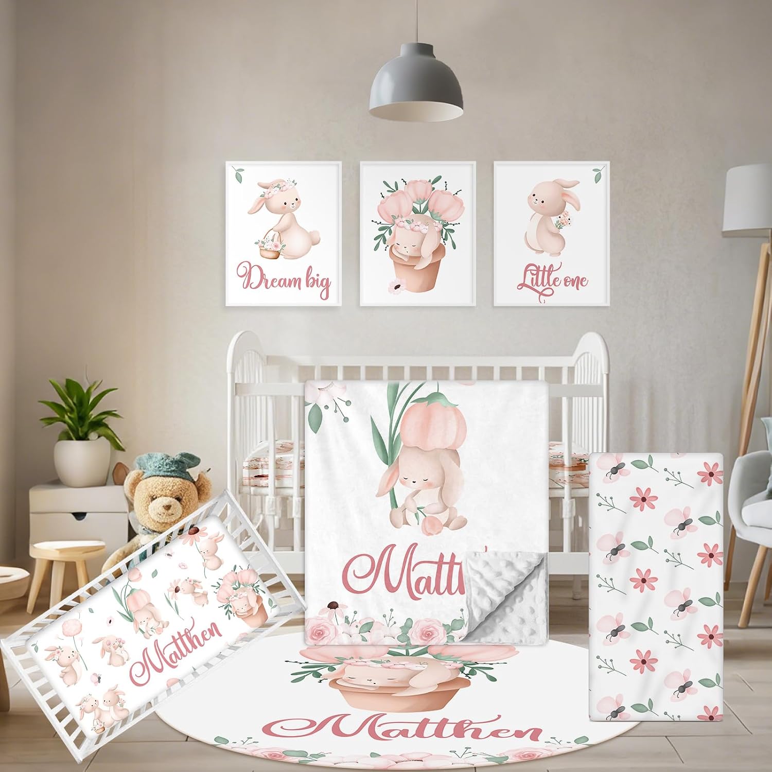 Terwex Custom Baby Crib Bedding Set - 5 Pcs Personalized Name Baby Crib Set with Double Layer Blanket - Soft Tulip Bunny Nursery Bedding Set for Girls Boys - Customized Gifts for Infants Toddlers