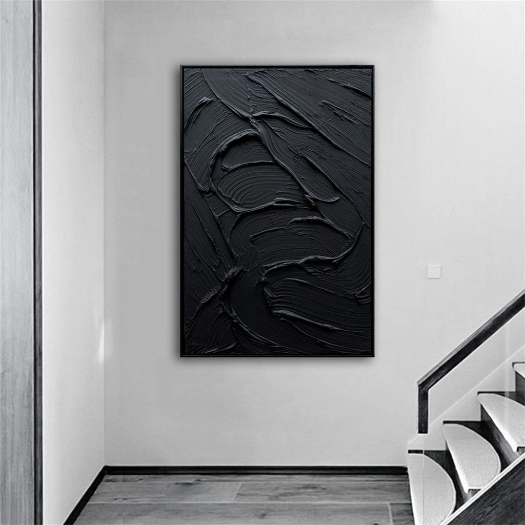 Slyart Framed Black Textured Wall Art, Hand Painted Contemporary Abstract Oil Painting, Framed Thick Texture Vertical Canvas Wall Art 24x36 Inch