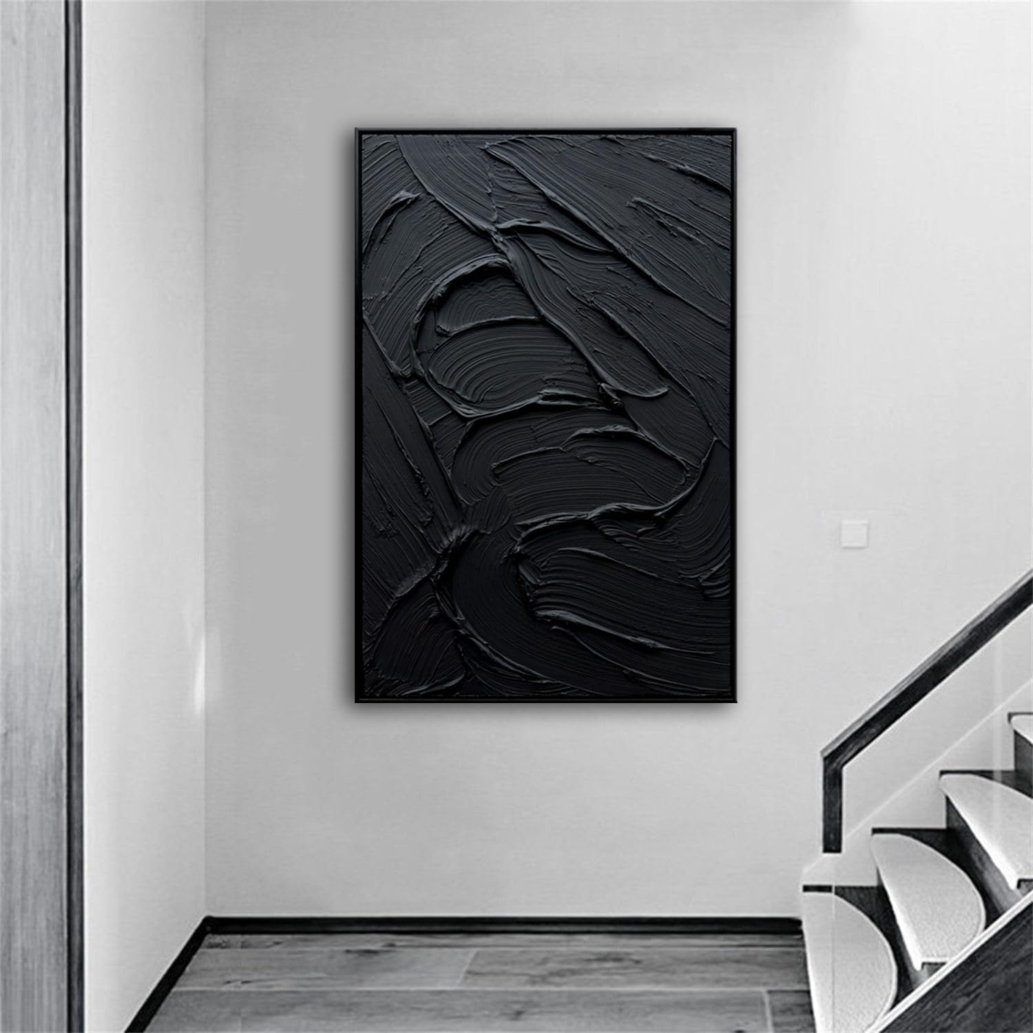 Slyart Framed Black Textured Wall Art, Hand Painted Contemporary Abstract Oil Painting, Framed Thick Texture Vertical Canvas Wall Art 24x36 Inch