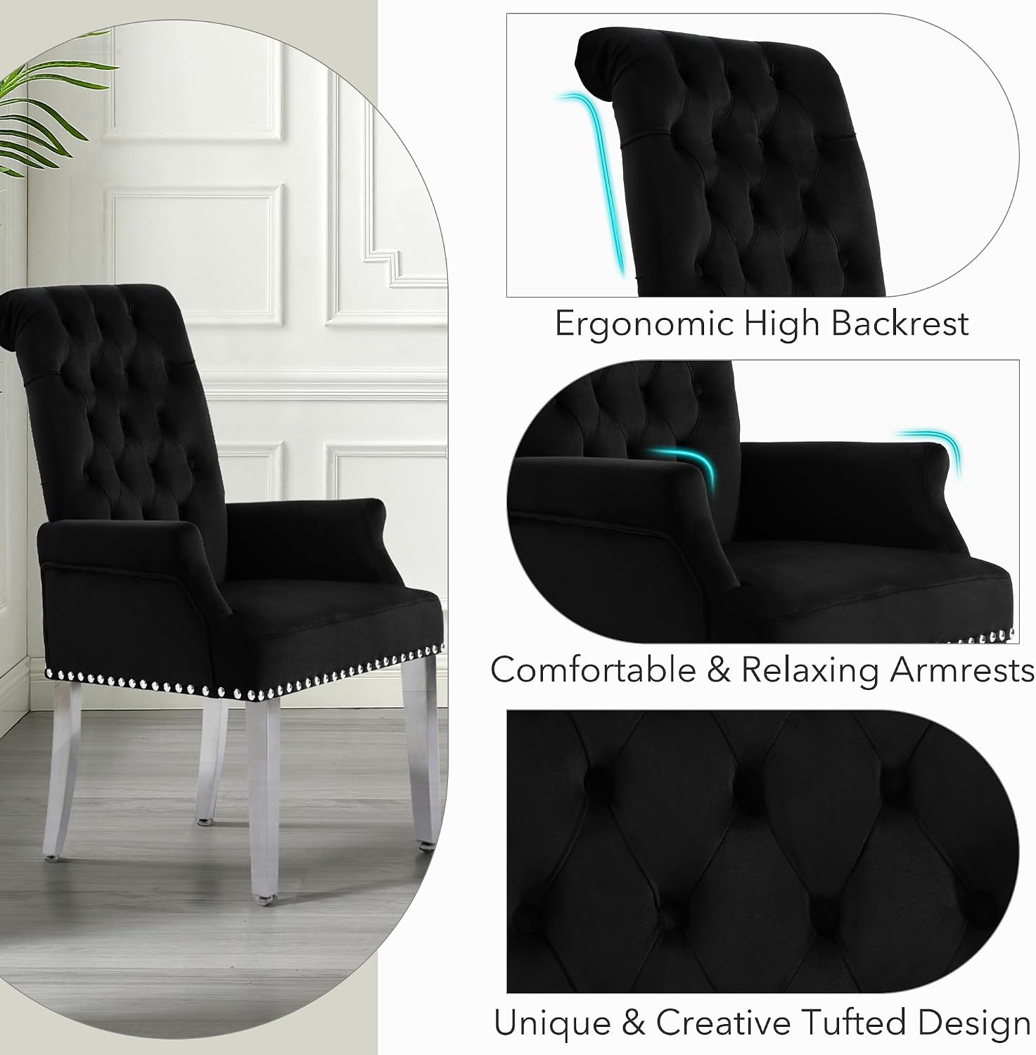 LOULENS Luxurious Velvet Dining Chairs, Modern Upholstered Tufted Dining Room Chairs, Armrests Dining Chairs with Stainless Steel Leg, Black