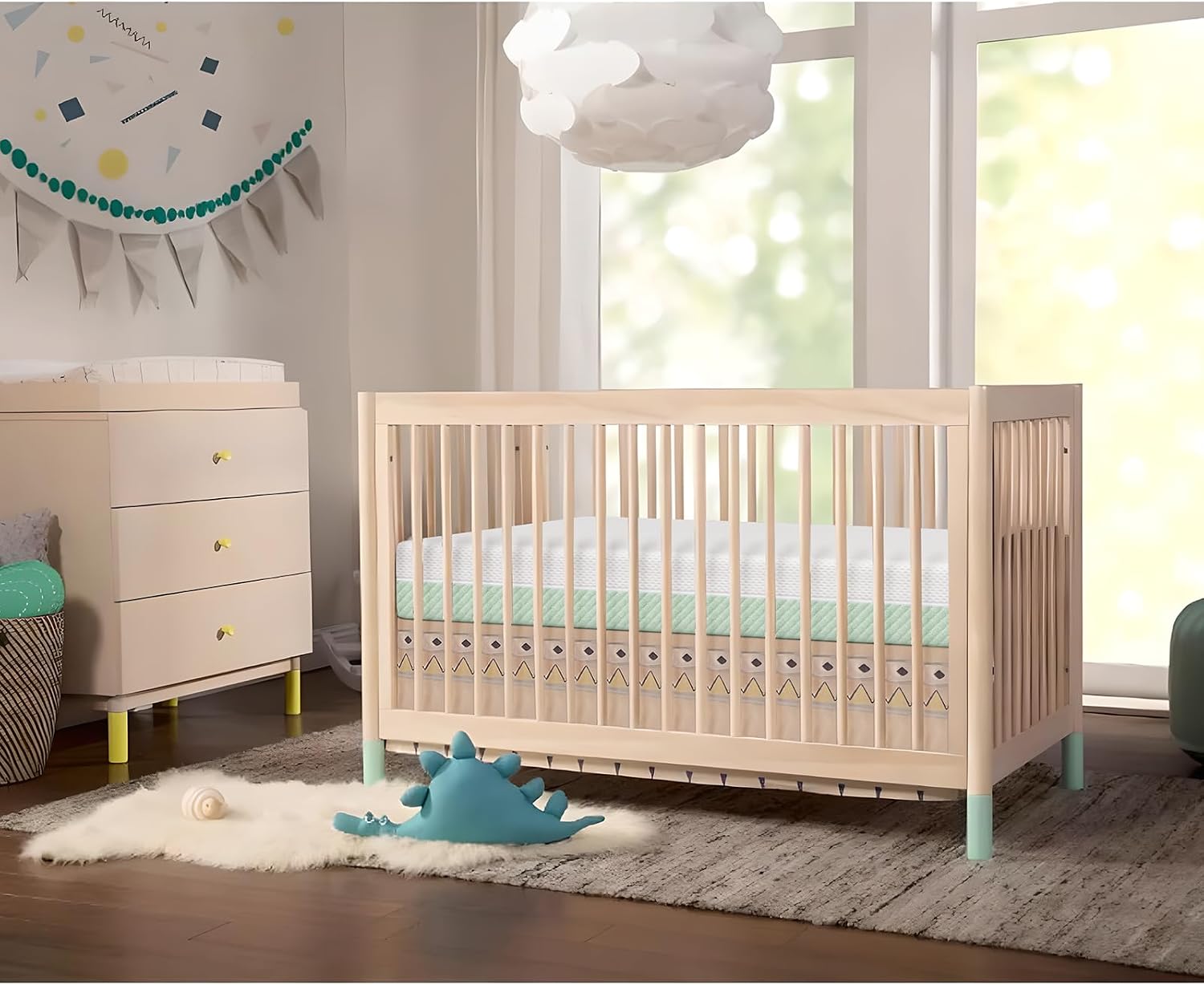 Dourxi Crib Mattress, Dual Sided Comfort Memory Foam Toddler Bed Mattress, Triple-Layer Breathable Premium Baby Mattress for Infant and Toddler w/Removable Outer Cover - White&Green