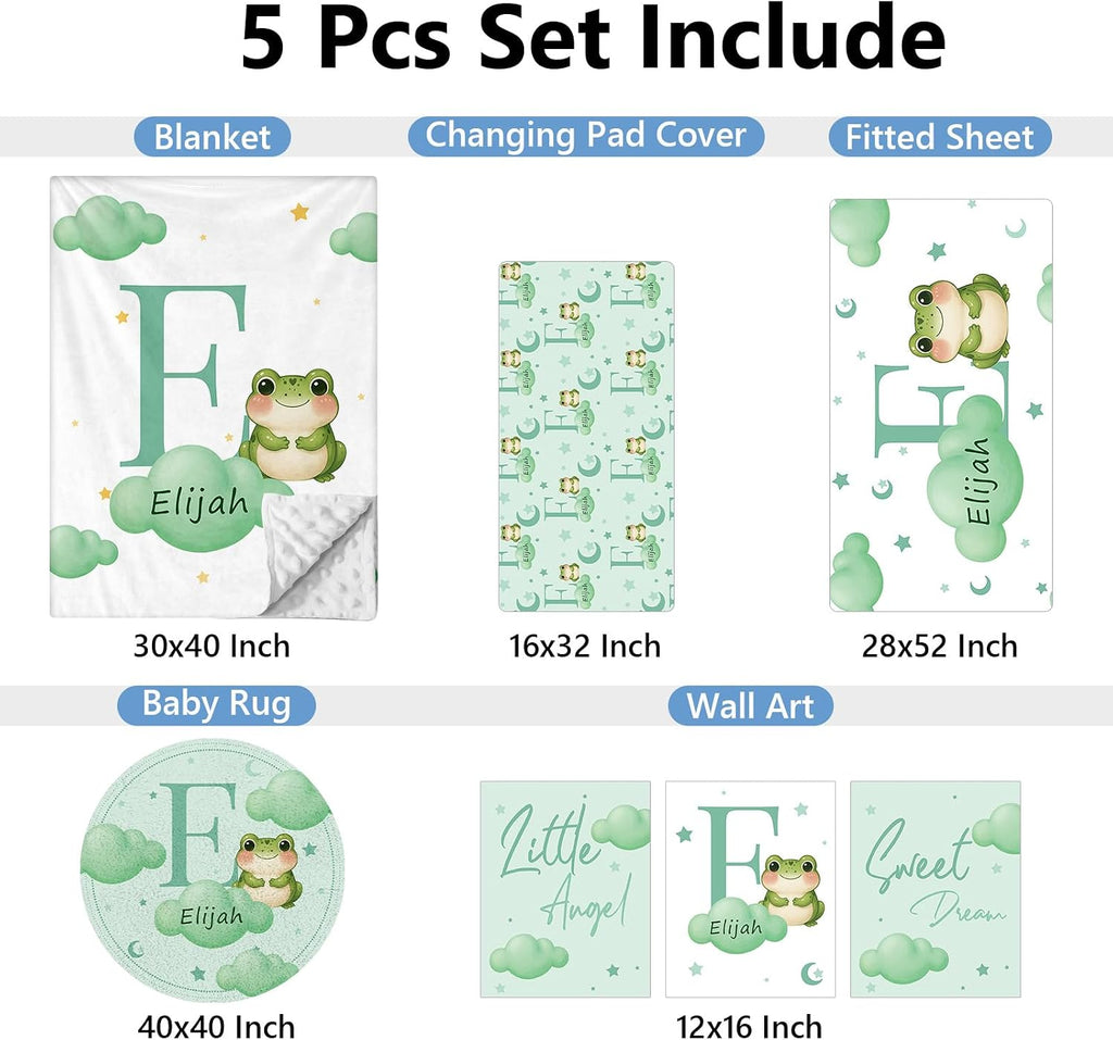KAINSY Custom Crib Bedding Set, 5 Pcs Personalized Name Monogram Baby Crib Sets for Infants Toddlers, Green Frog Nursery Bedding Set for Boys Girls, Double Layer Baby Bedding Sets Customized Gifts