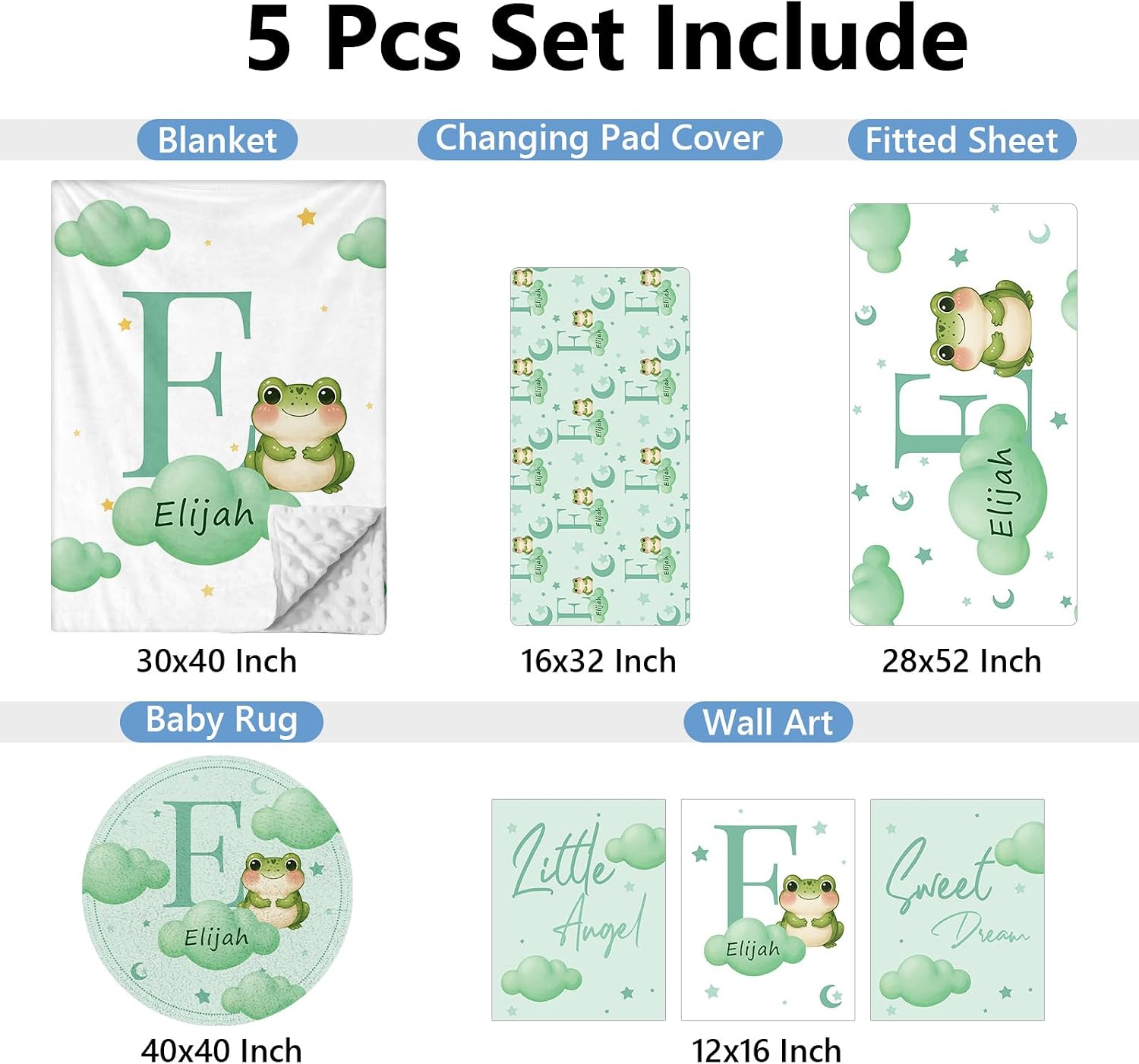 KAINSY Custom Crib Bedding Set, 5 Pcs Personalized Name Monogram Baby Crib Sets for Infants Toddlers, Green Frog Nursery Bedding Set for Boys Girls, Double Layer Baby Bedding Sets Customized Gifts