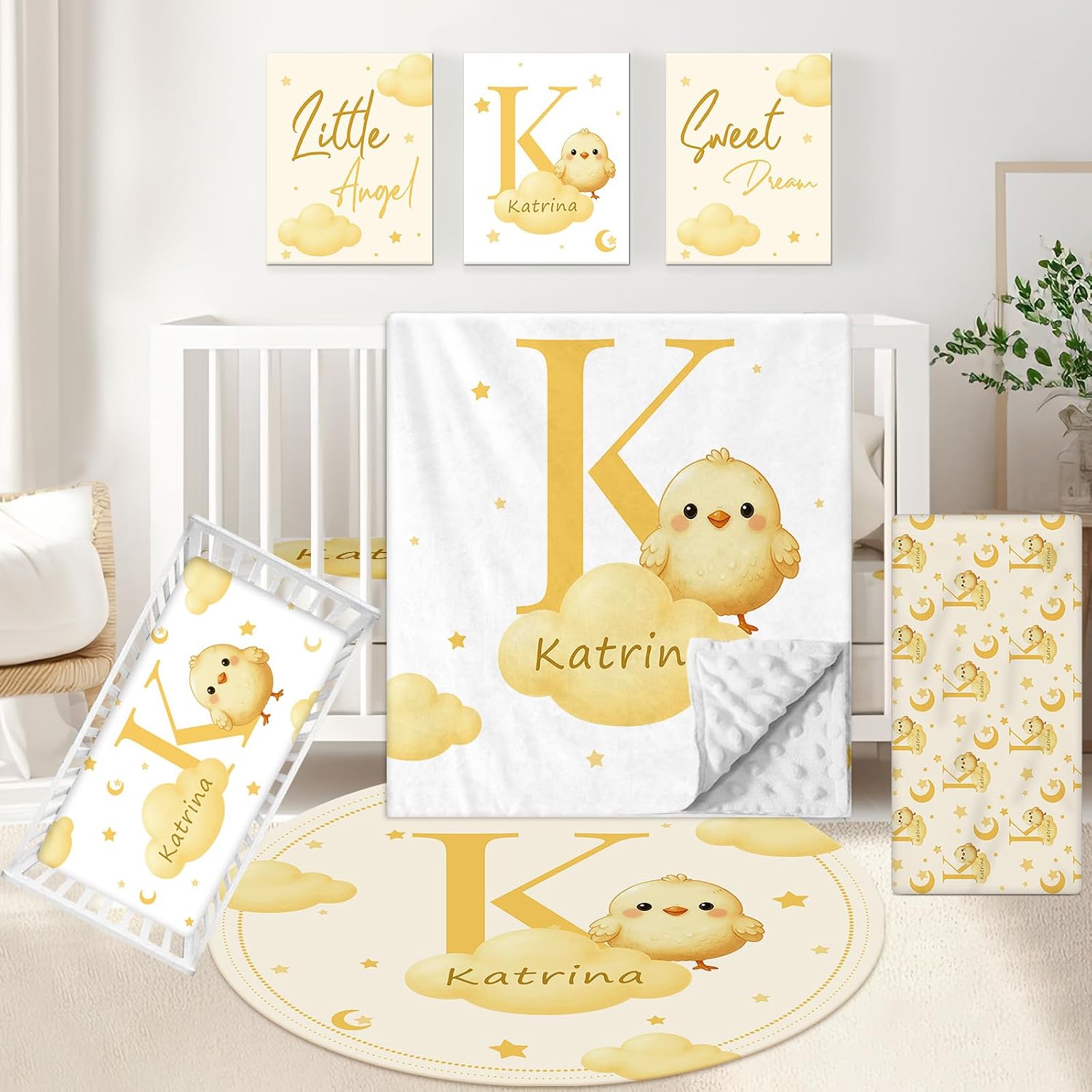 KAINSY Custom Crib Bedding Set, 5 Pcs Personalized Name Monogram Baby Crib Sets for Infants Toddlers, Yellow Chick Nursery Bedding Set for Boys Girls, Double Layer Baby Bedding Sets Customized Gifts