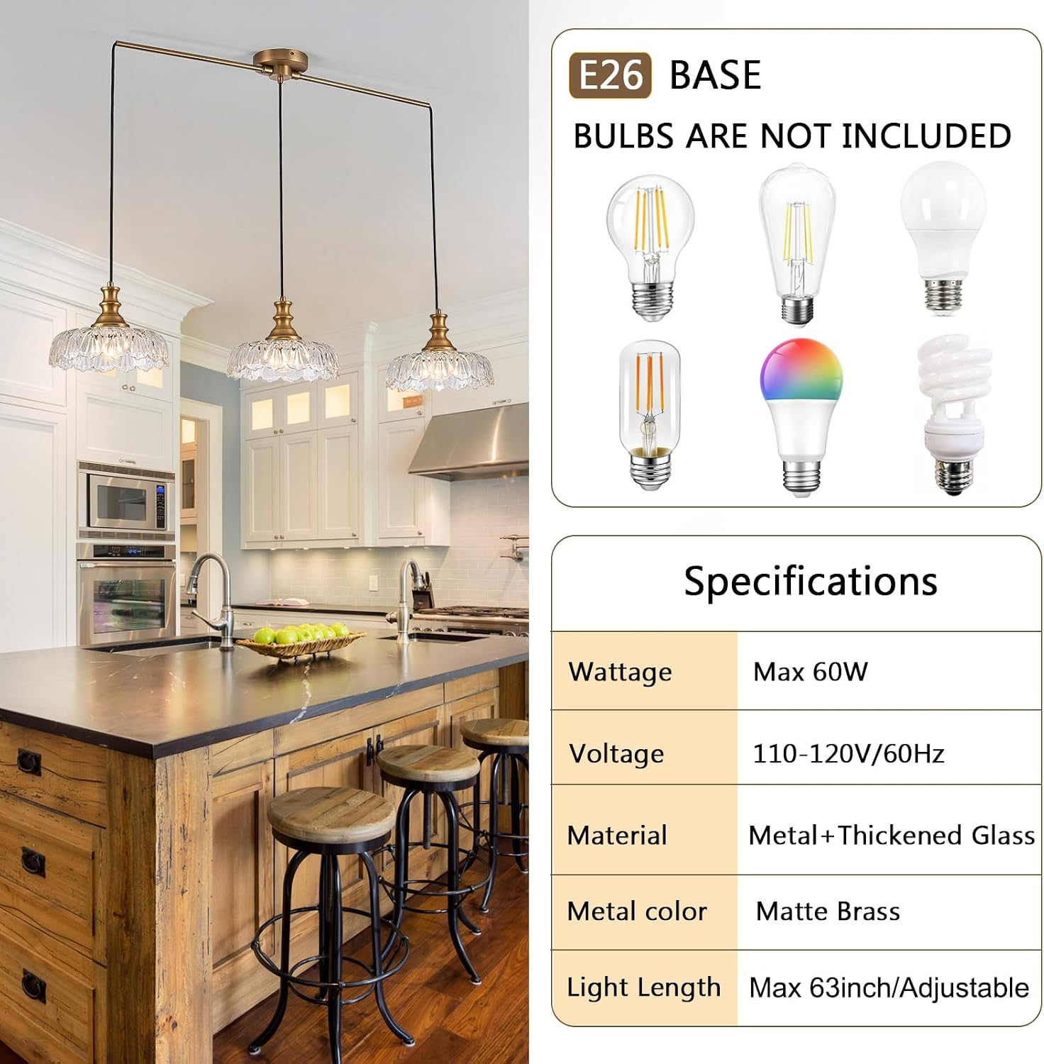 HDDFL Vintage Pendant Lighting Fixtures Modern Glass Hanging Lamp with Adjustable Cord for Kitchen Island Dining Room Hallway 3 Light Brass and Clear