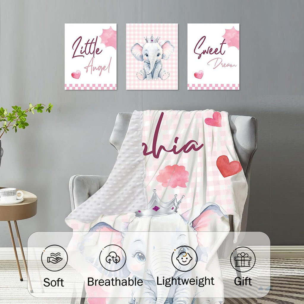 Personalized Nursery Crib Bedding Set: Custom Name Pink Checkered 5 Piece Baby Crib Sets with Cute Elephant Pattern - Toddler Double Layer Blanket Set, Comfortable Crib Bed Sheets for Baby Grils