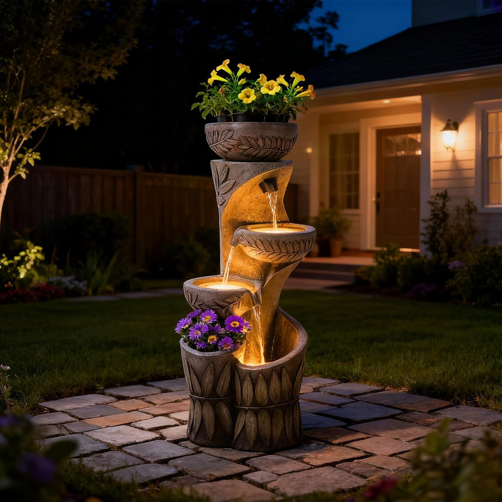 4 Tiered Water Fountain Outdoor, 35.6' Tall Cascading Bowl Leaf Carved Outdoor Waterfall Fountains Modern Water Feature with Dual Planters for Garden, Patio,Deck, Yard, Indoor Decor
