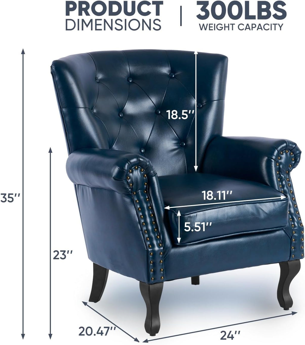 MOJAY PU Leather Accent Chair Set of 2, Mid-Century Modern Armchair Living Room Club Chair with Tufted Button & Rivet Trim, Upholstered Sofa Chair with Sturdy Wood Legs for Bedroom (Navy)