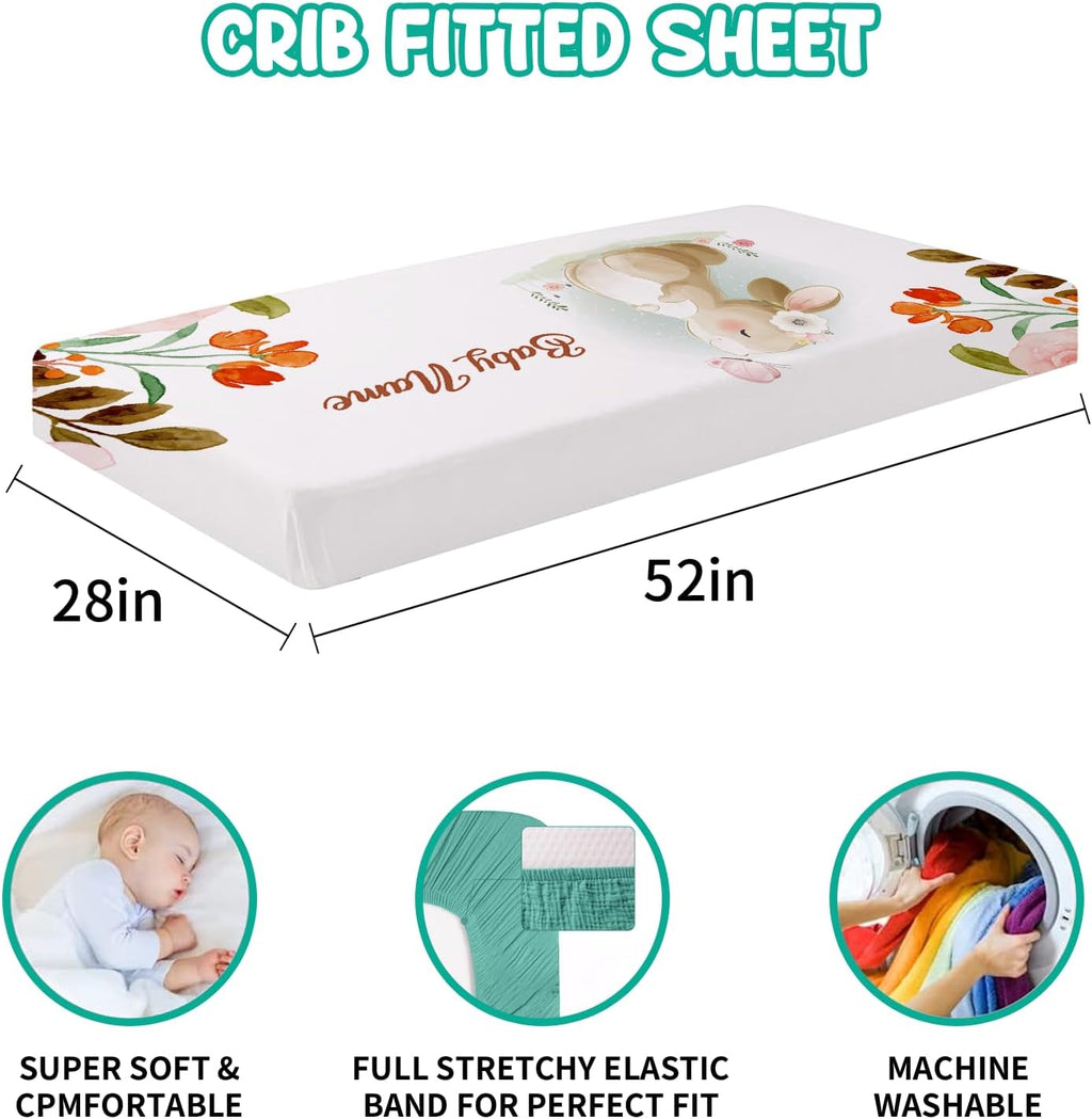 Dyoart Custom Nursery Crib Bedding Set: 5 Piece Rabbit Theme Baby Crib Sets for Girls Boy with Personalized Name - Toddler Double Layer Blanket Set,Comfortable Crib Bed Sheets for Toddlers