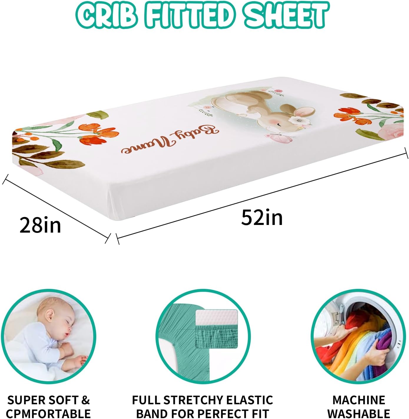 Dyoart Custom Nursery Crib Bedding Set: 5 Piece Rabbit Theme Baby Crib Sets for Girls Boy with Personalized Name - Toddler Double Layer Blanket Set,Comfortable Crib Bed Sheets for Toddlers