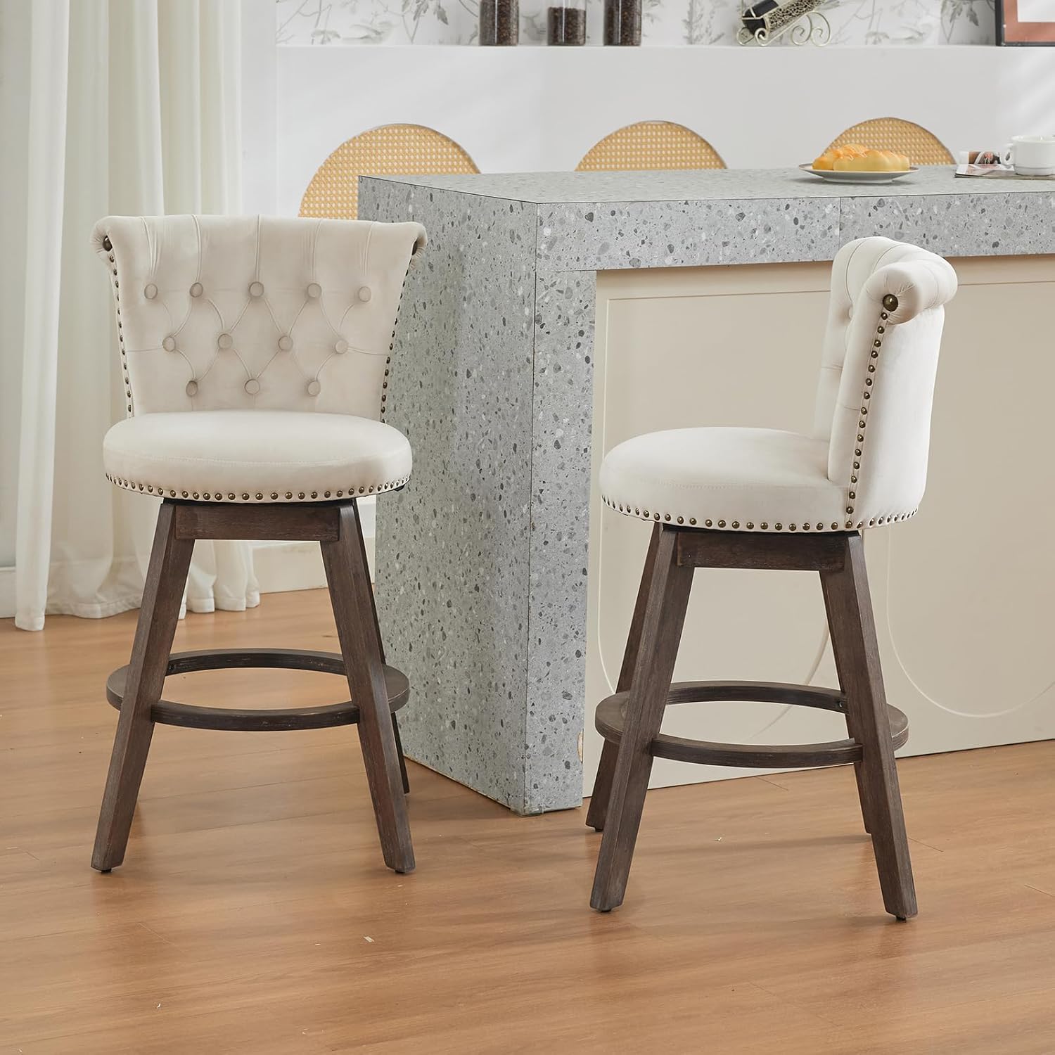 Velvet Bar Stools Set of 2, Modern Swivel Counter Height Stools, Upholstered Kitchen Island Chairs with Button Tufted Back, Rivet Trim, Solid Wood Legs, 25' H Seat, Beige
