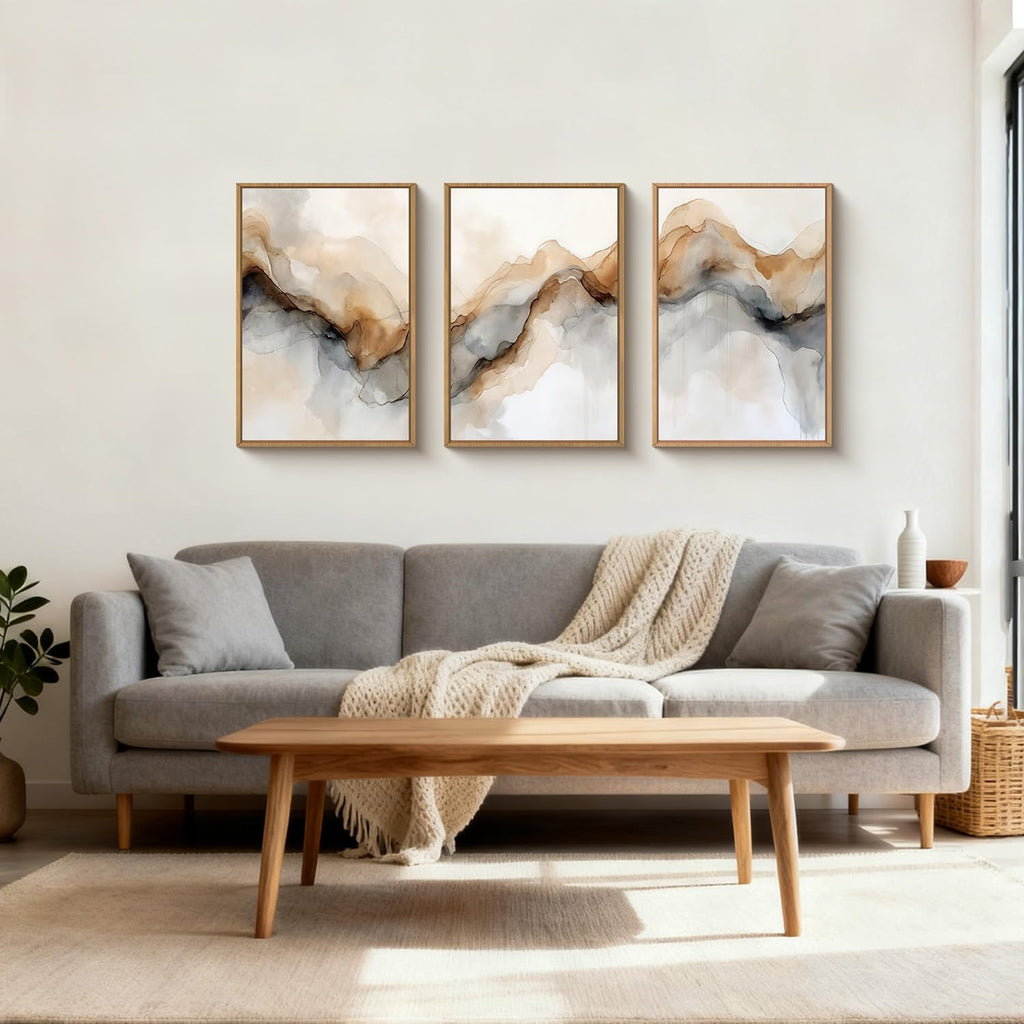 Ausril Abstract Neutral Framed Canvas Wall Art Set, Retro Watercolor Landscape Wall Decor, Modern Texture Art Prints, Minimalist Nature Wall Painting for Living Room, Bedroom, Office 24×36inches