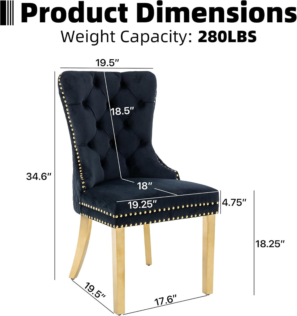 Velvet Dining Chairs Set of 4, Upholstered Dining Room Chairs, Mid-Century Modern Chairs with Diamond Lattice Tufted Back, Lion Pull Ring Rivet Trim, Golden Metal Legs for Kitchen, Black