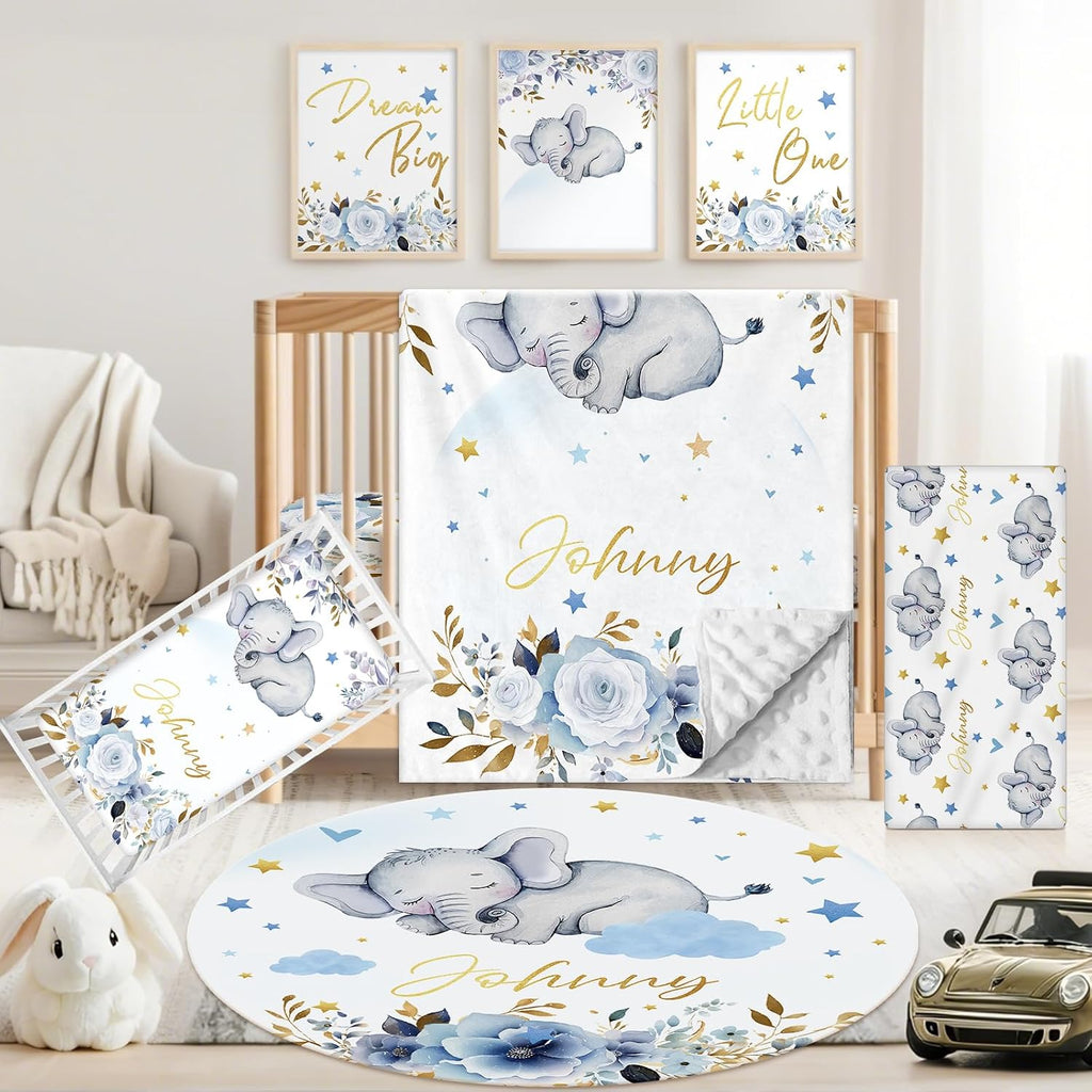 Personalized Baby Crib Bedding Set, 5 Pcs Custom Name Nursery Bedding Set for Girls Boys, Blue Elephant Baby Crib Set for Toddlers Infants, Double Layer Bedding Crib Sets Customized Gifts