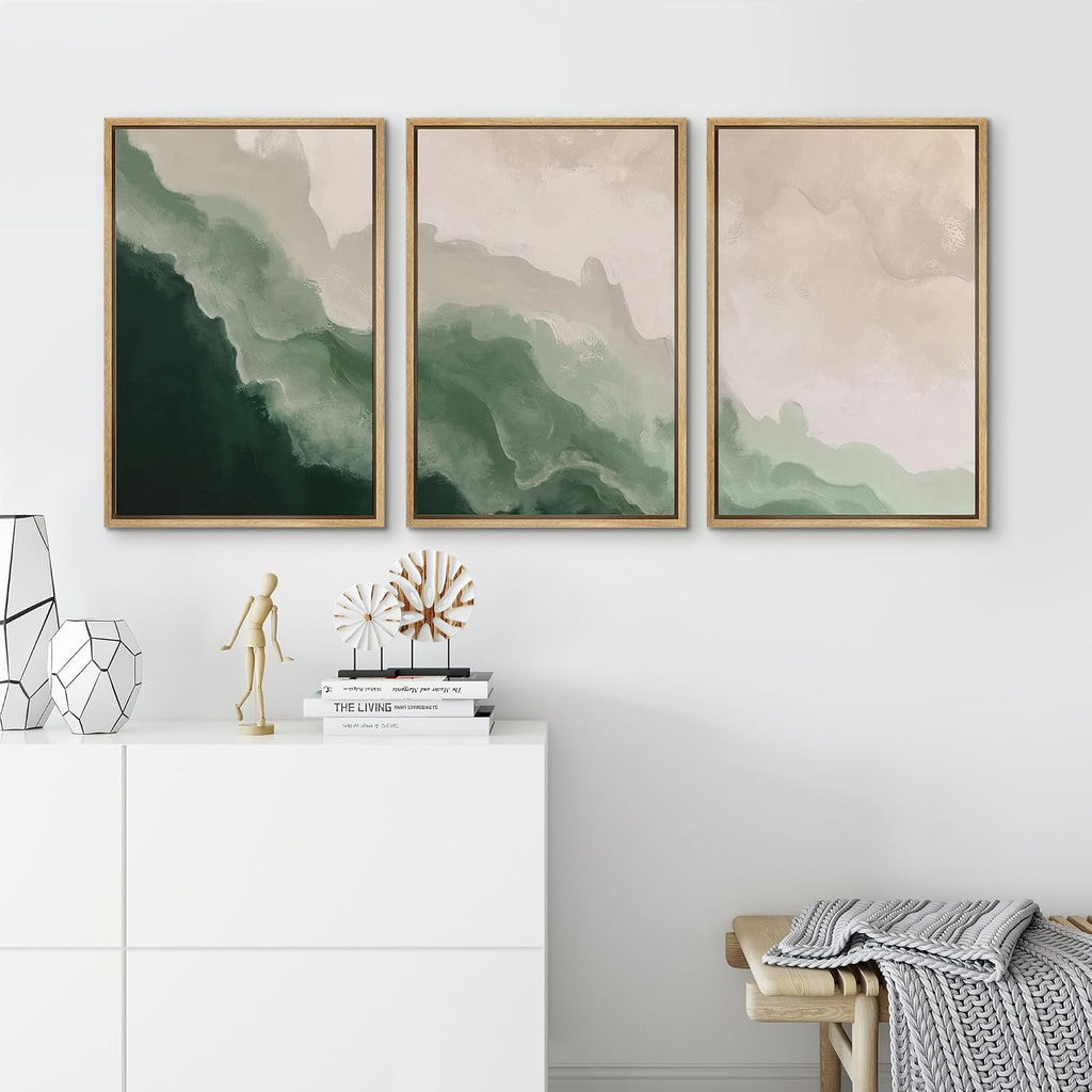 SIGNFORD Framed Canvas Print Wall Art Set Abstract Green Waves Illustration Modern Art Decorative Nordic Minimal Zen for Living Room, Bedroom, Office - 24'x36'x3 Natural
