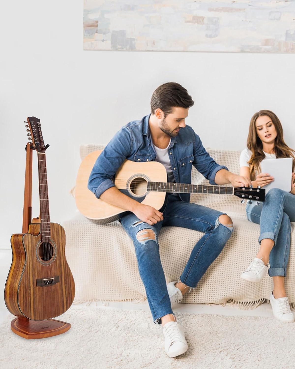 Double Guitar Stand, 2 Pack Acoustic Stand for 2 Electric, Banjo, Mandolin, Mahogany Wooden Dual Guitar Floor Holder for Home Decor Studio Display, Wood Instrument Floor Holder for Men, Gifts