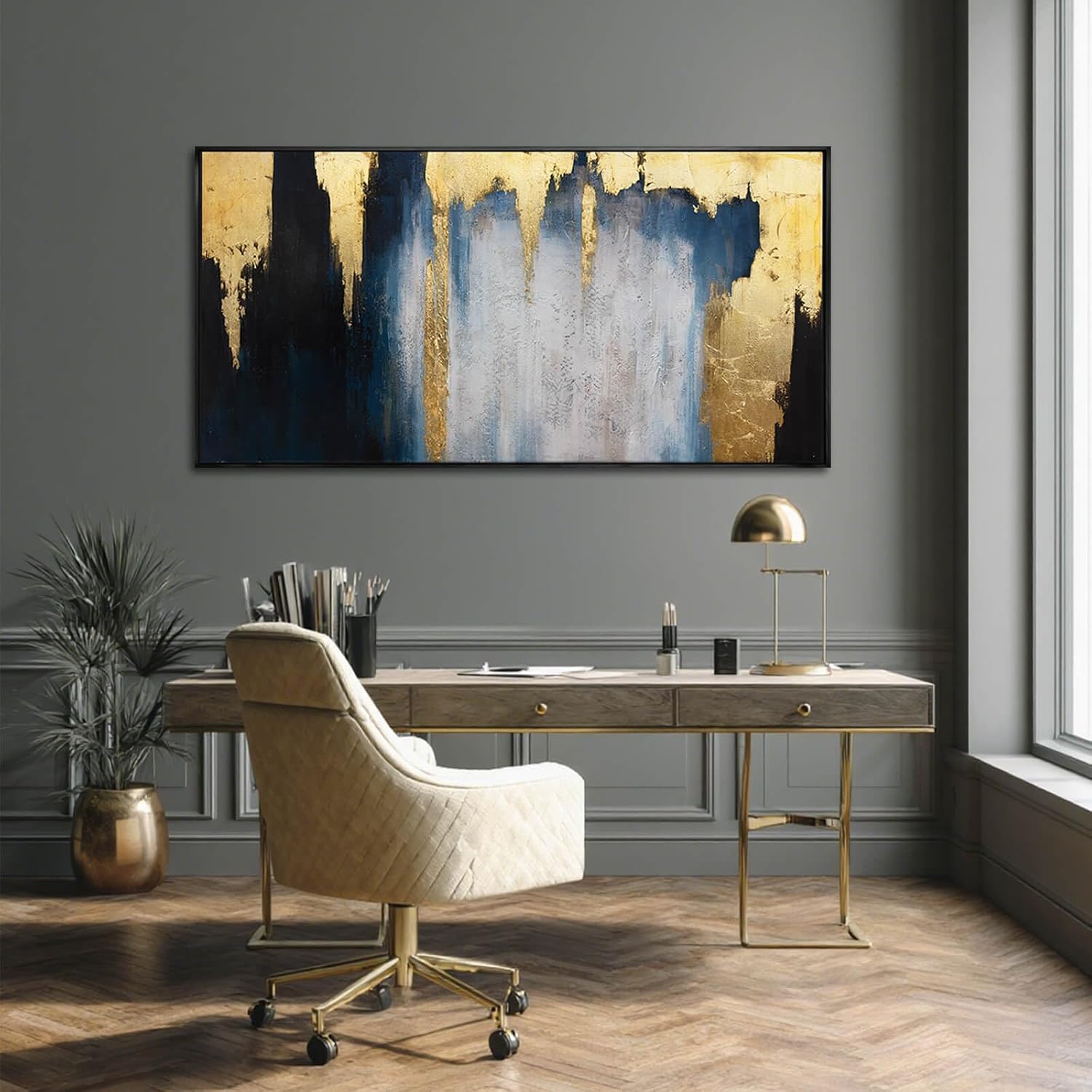 WINKAILIN Abstract Blue and Gold Wall Art with Black Frame Modern 24x48 Canvas Painting Large Artwork for Living Room Bedroom Office Home Decoration
