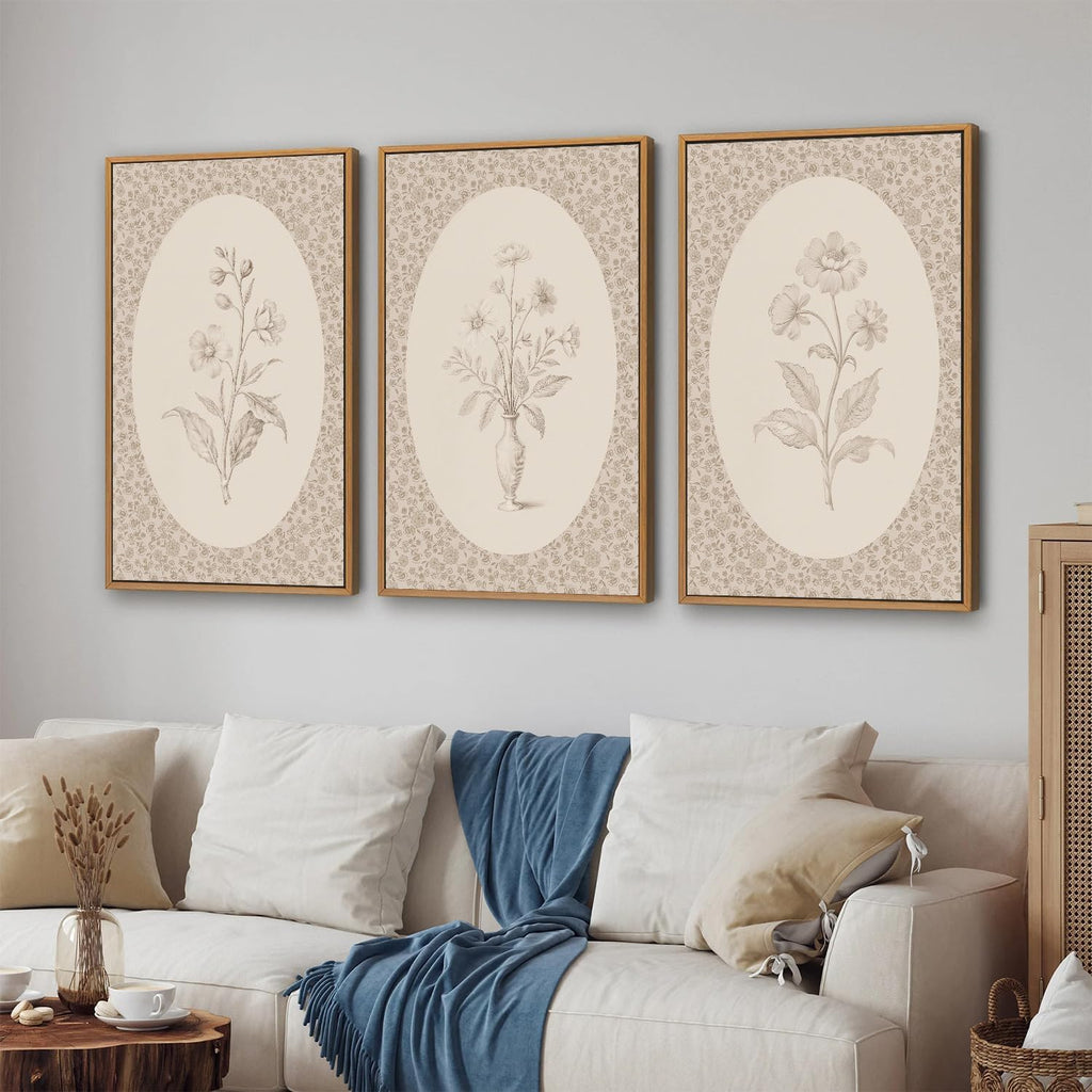 Rantodecor Vintage Flower Framed Canvas Wall Art Triptych, Rustic Floral Wall Decor, Retro Sketch Botanical Art Paintings, Antique French Cottage Artwork for Girls Bedroom Living Room Bathroom 24'x36'