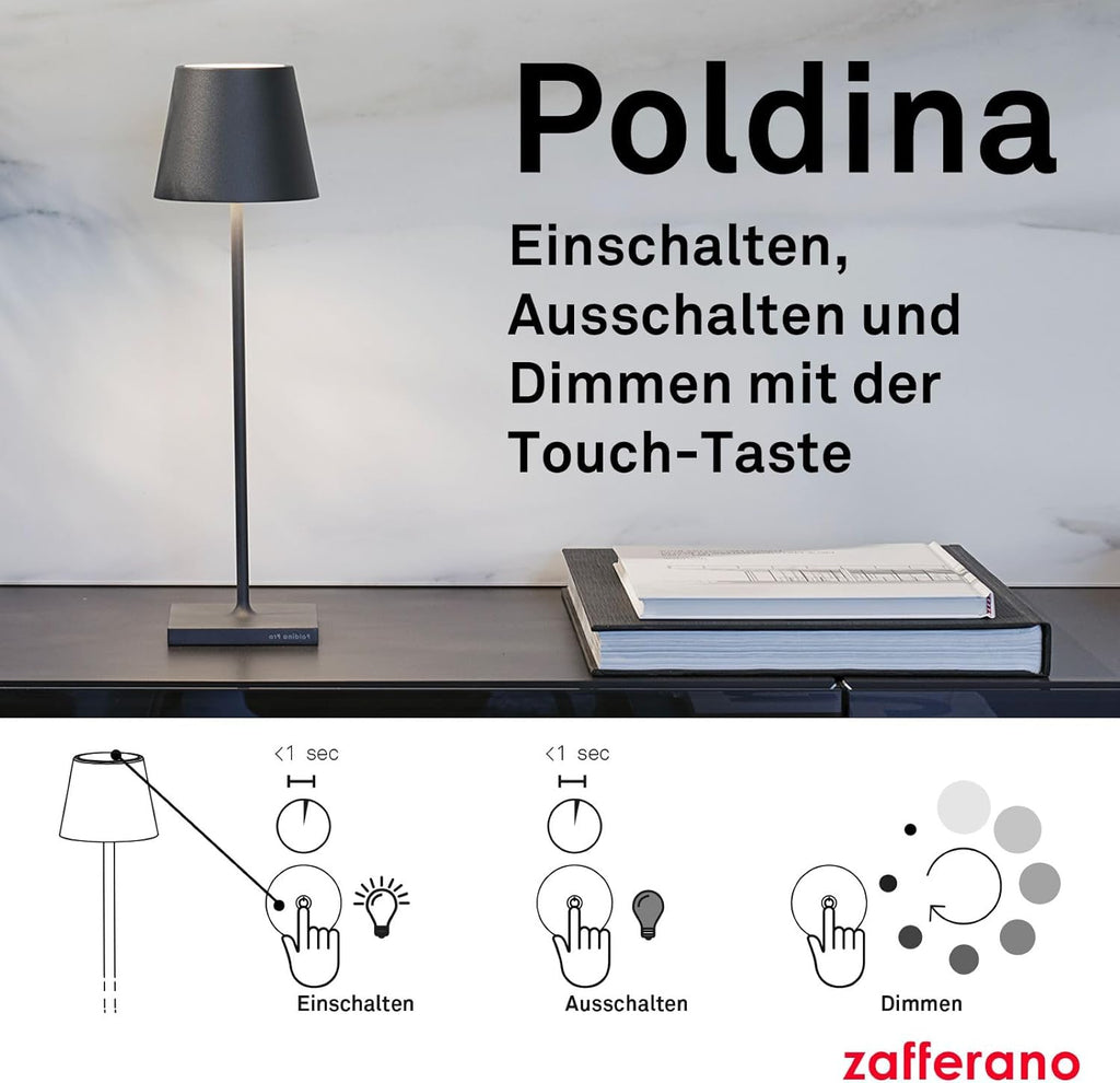Zafferano, Poldina Pro, Rechargeable and Wireless Table Lamp with Touch Control, Can Also Be Used as Outdoor Light, Dimmer 2200-3000K, Height 38 cm, Corten Colour