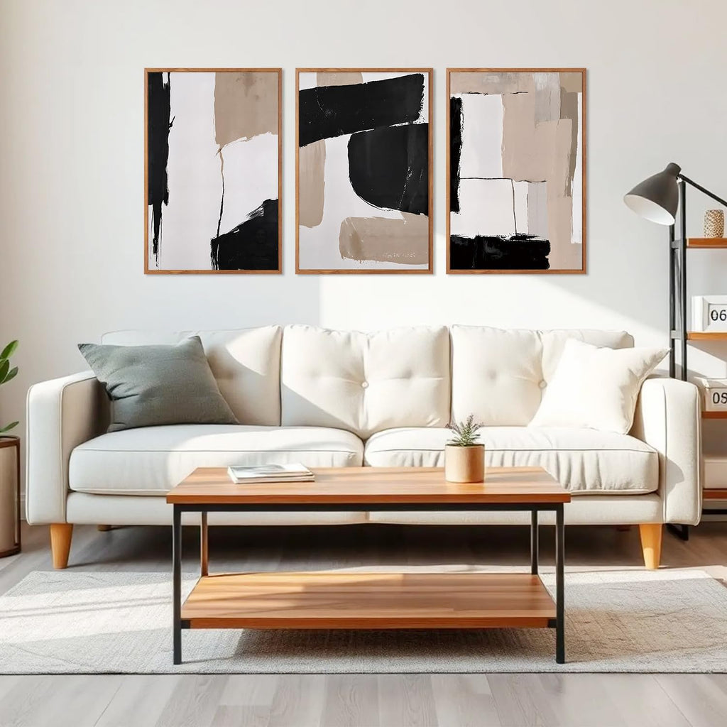 HLNIUC Large Abstract Neutral Framed Canvas Wall Art,Brown Brush Stroke Wall Decor,Minimalist Textured Block Artwork Set of 3(24x36),Modern Beige Black White Prints for Living Room,Bedroom,Office