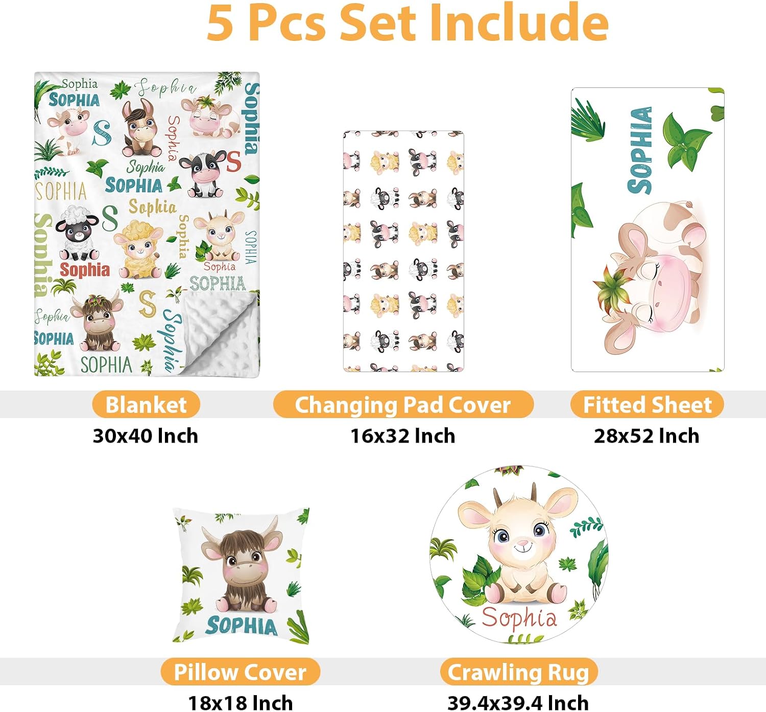 Custom Baby Crib Bedding Set - 5 Piece Nursery Crib Set Woodland Animals Design - Personalized Name Blanket with Dotted Backing, Crib Sheet, Changing Pad Cover, Pillow Cover, Rug for Newborns Color04