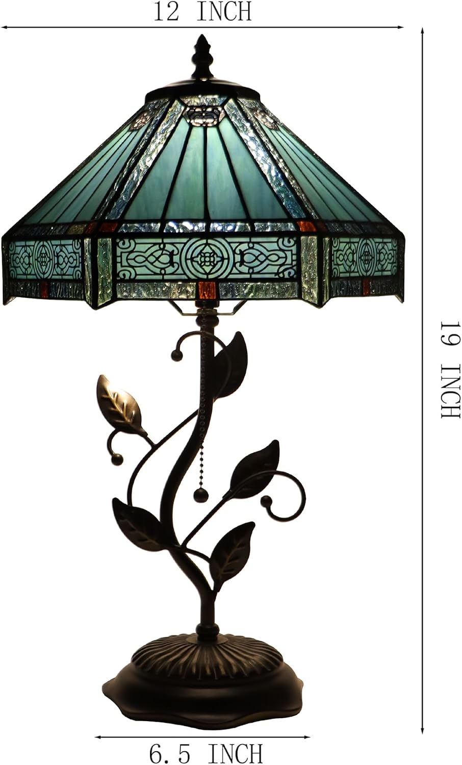 Tiffany Table Lamp, Stained Glass Desk Light, W12H19 Inch, Metal Leaf Base (Mission Style)
