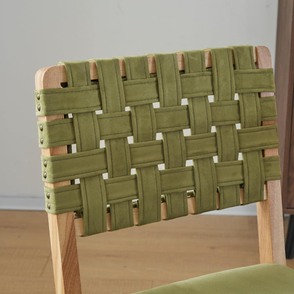 VINGLI Sage Green Woven Wooden Dining Chairs Set of 2,Armless Mid Century Modern Desk Chairs with Rivet&Foot Pegs,Upholstered Farmhouse Comfy Chair No Wheels for Dining Room,Living Room,Oak,Suede