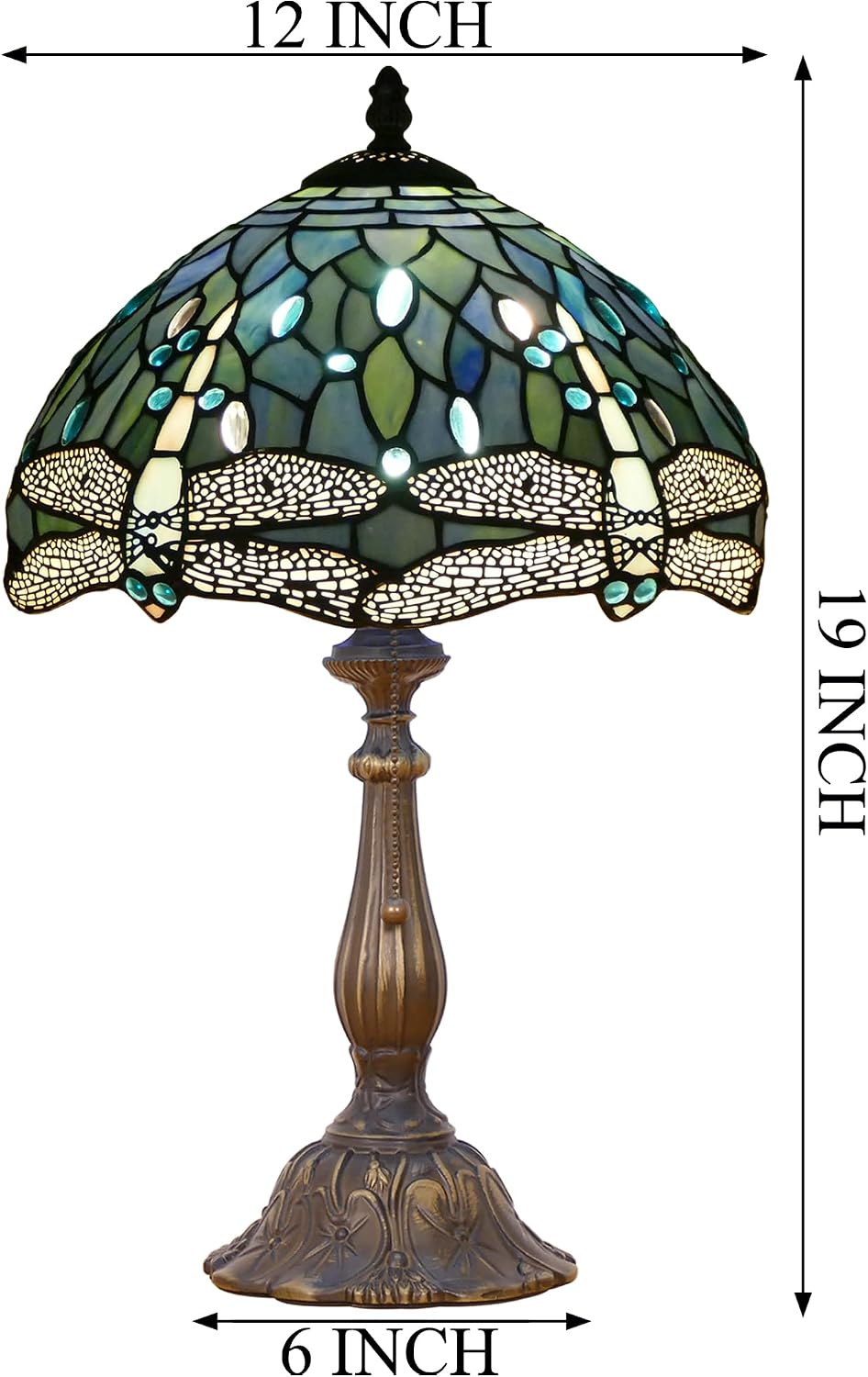 Tiffany Lamp Stained Glass Table Lamp Antique Bedside Reading Light W12H19 Inches (Sea Blue Dragonfly)