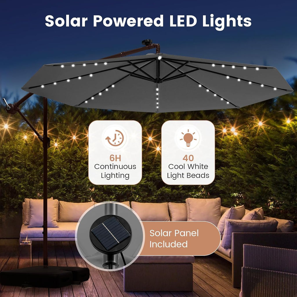 Tangkula 10FT Offset Patio Umbrella with Base Included, Outdoor Cantilever Umbrella with 40 Solar LED Lights, Tilt Adjustment, Crank Handle, Vented Top, Sand Bags for Pool Yard Deck (Gray)
