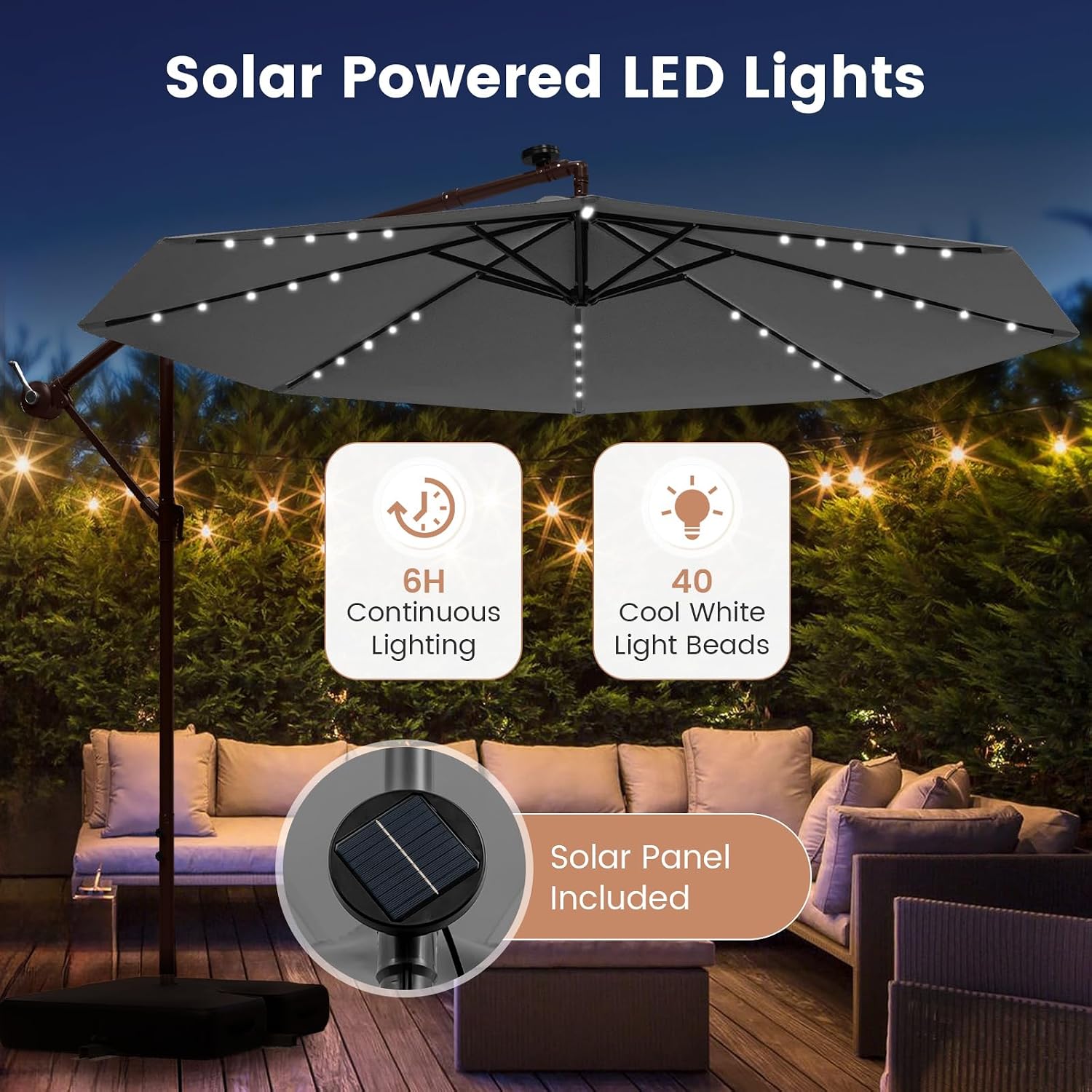 Tangkula 10FT Offset Patio Umbrella with Base Included, Outdoor Cantilever Umbrella with 40 Solar LED Lights, Tilt Adjustment, Crank Handle, Vented Top, Sand Bags for Pool Yard Deck (Gray)