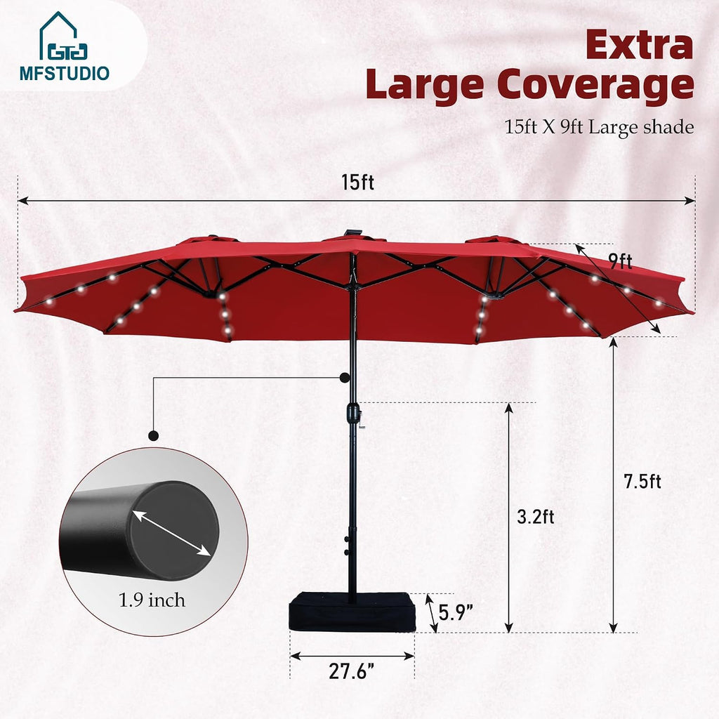 MFSTUDIO 15ft Patio Umbrella with Solar Lights, Outdoor Large Rectangular Umbrellas with Base, Crank Handle and 36 LED Lights for Yard Deck Pool, Burgundy Red