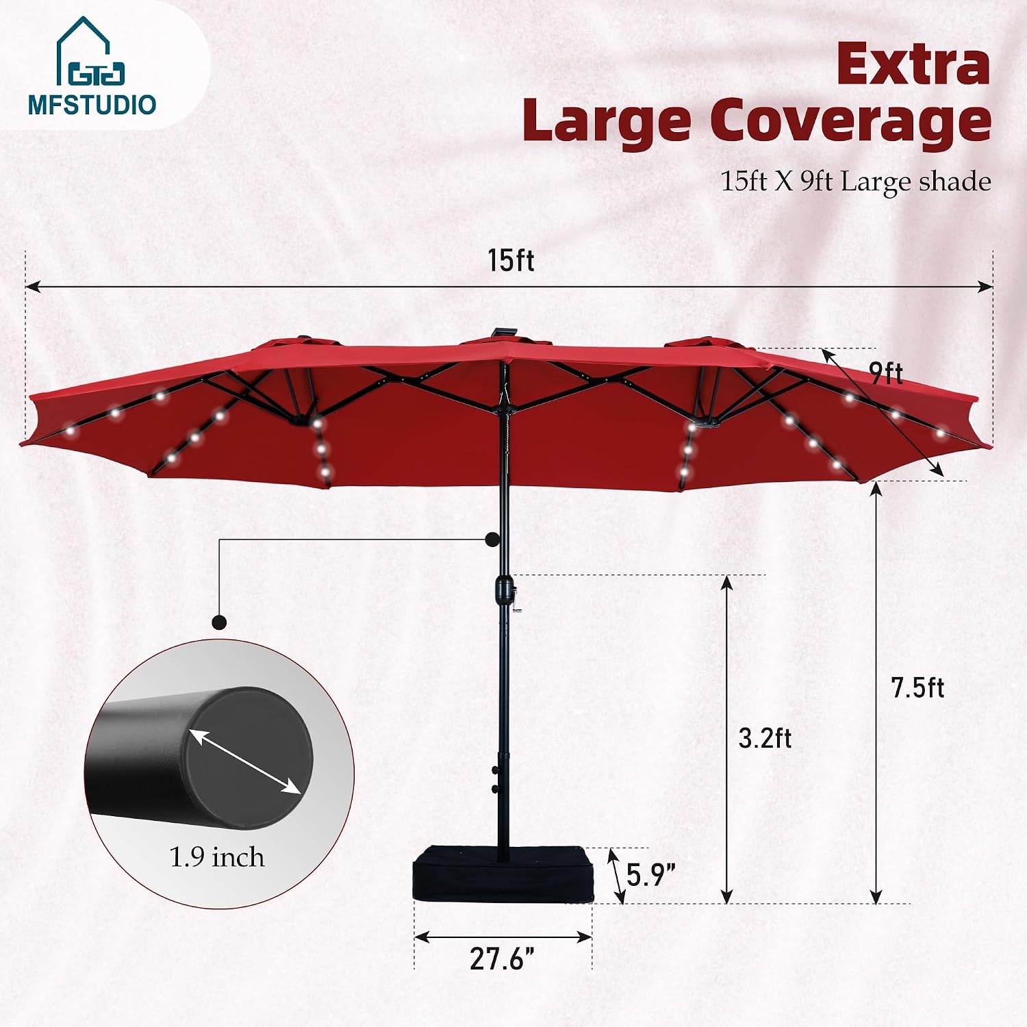 MFSTUDIO 15ft Patio Umbrella with Solar Lights, Outdoor Large Rectangular Umbrellas with Base, Crank Handle and 36 LED Lights for Yard Deck Pool, Burgundy Red