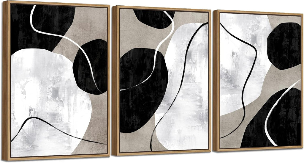 Minimalist Abstract Boho Wall Art - Natural Framed Abstract Canvas Picture Stone Painting Rock Line Artwork Modern Geometric Canvas Prints for Home Wall Decor 20' x 28' * 3 Tan Grey White Black