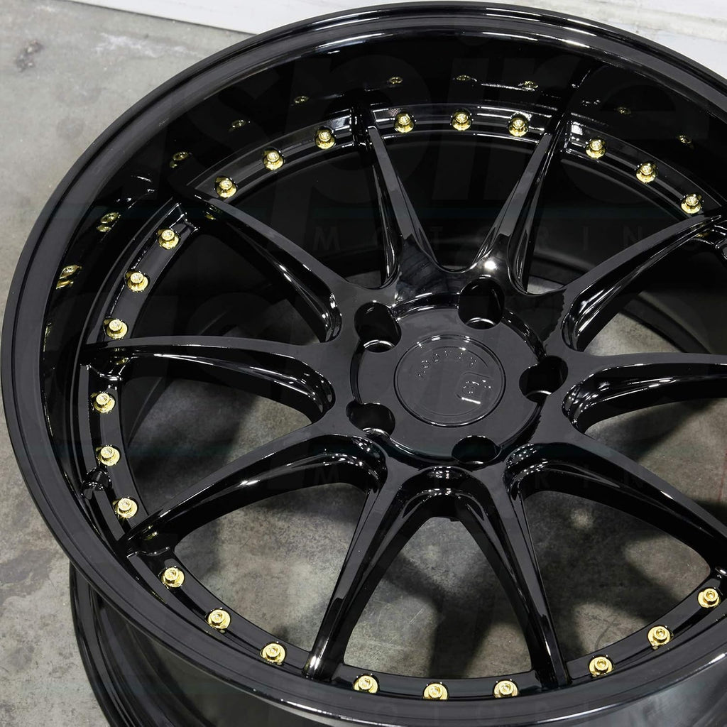 Aodhan DS-07 Custom Wheel - 18x9.5, 22 Offset, 5x114.3 Bolt Pattern, 73.1mm Hub - Gloss Black with Gold Rivets Rim