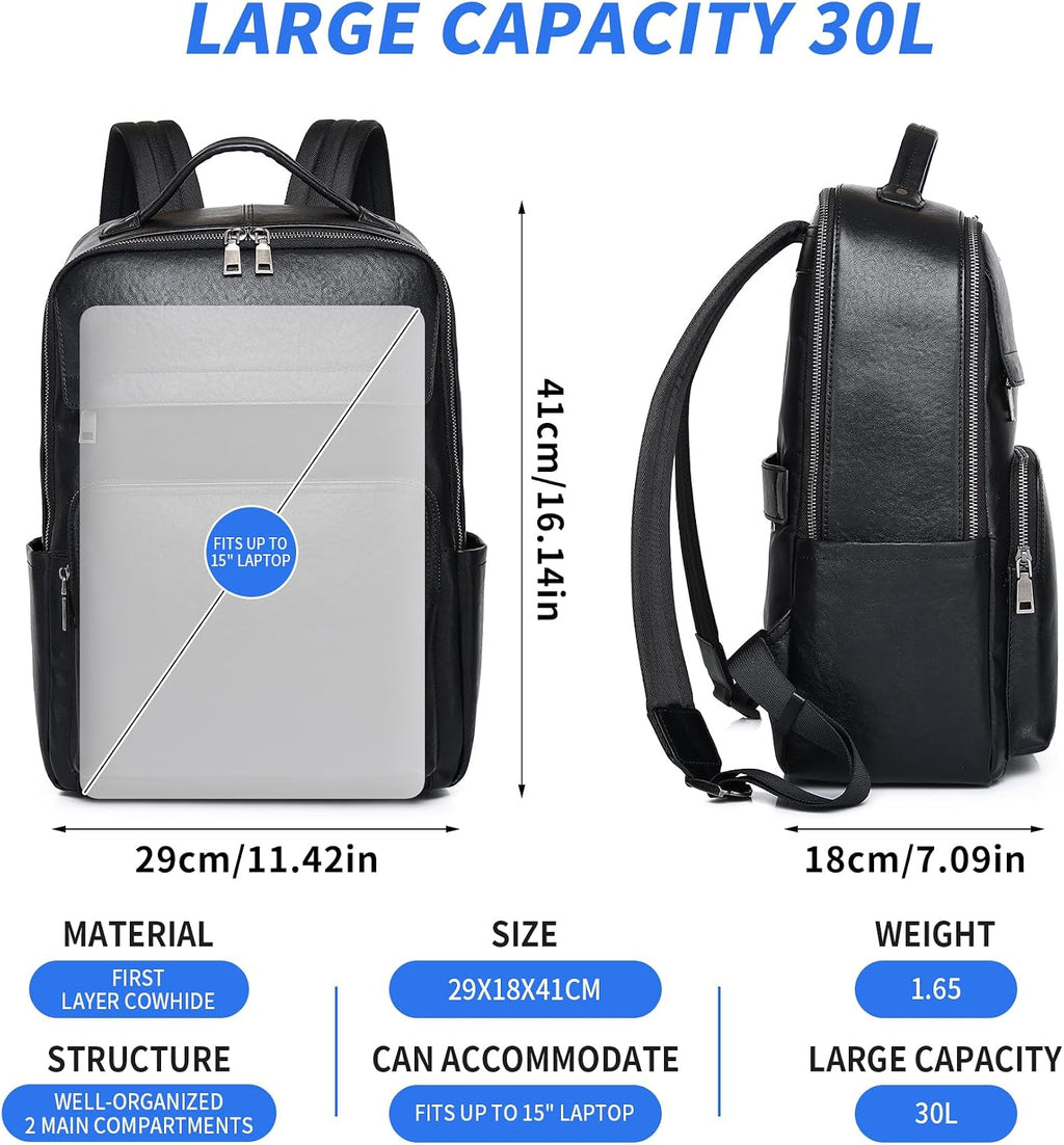 Veg-Tan Genuine Leather Backpack for Men Multi-Functional 15.6' Laptop Backpack, Black Business Travel Luxury Backpack Work Daypack